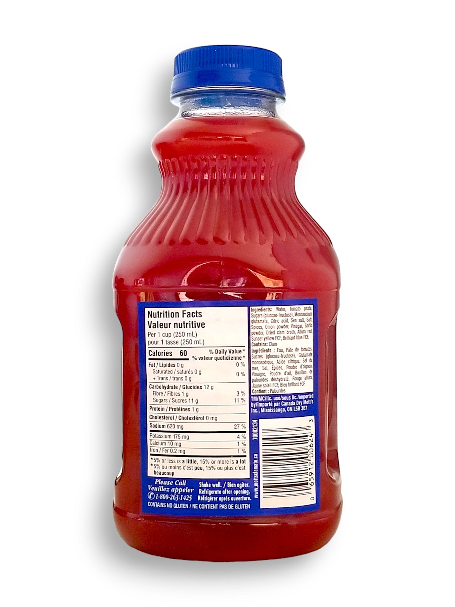 Mott's Clamato Juice, The Original, 945ml/32 oz. Bottle, back of bottle.