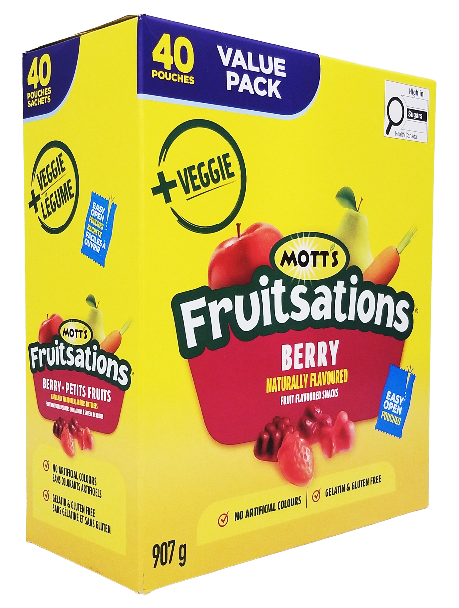 Box of Mott's Fruitsations + Veggie Berry Gummies, 40 Pouches - 907g with yellow background