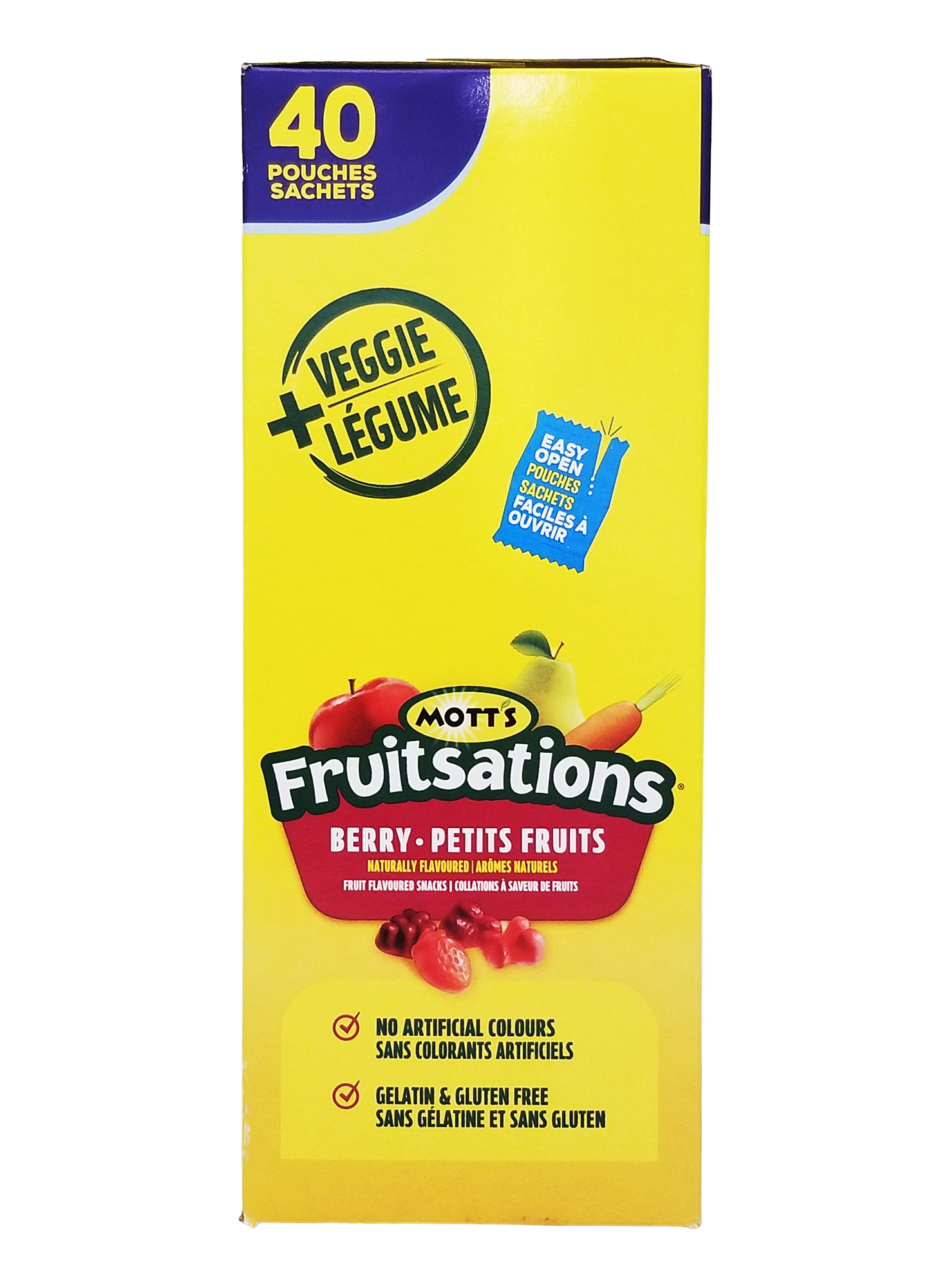 Yellow box of Mott's Fruitsations berry and petit fruits with vegetable label on a white background