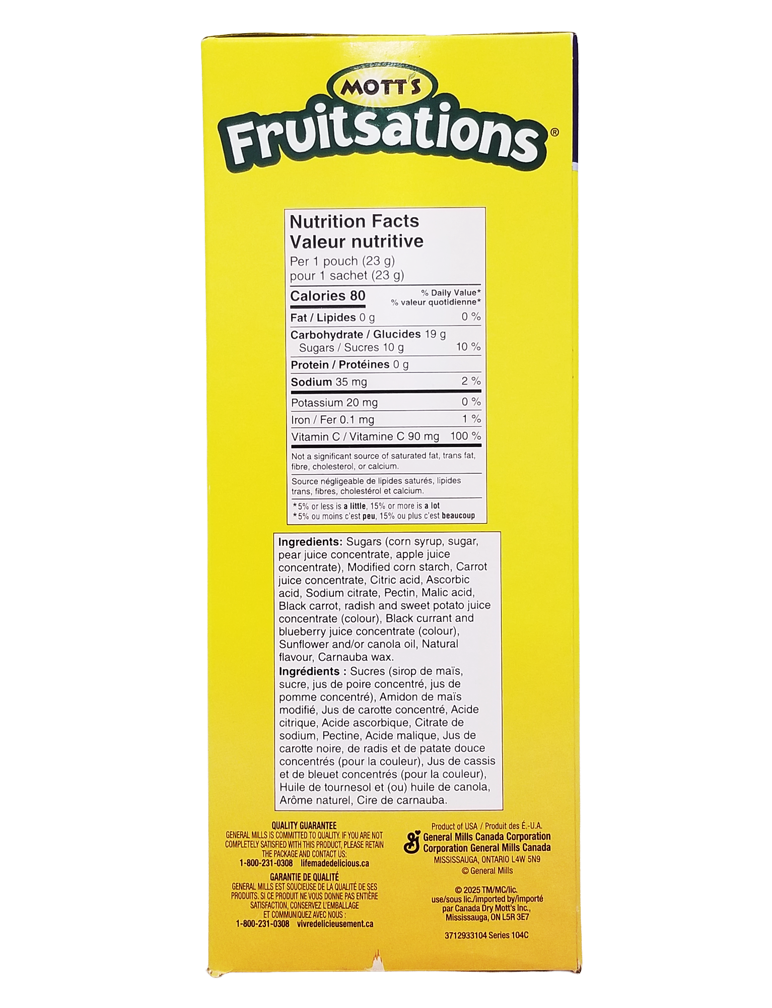 Yellow Mott's Fruitsations + Veggie Berry Gummies, 40 Pouches - 907g packaging with nutrition facts and ingredient list on a white background