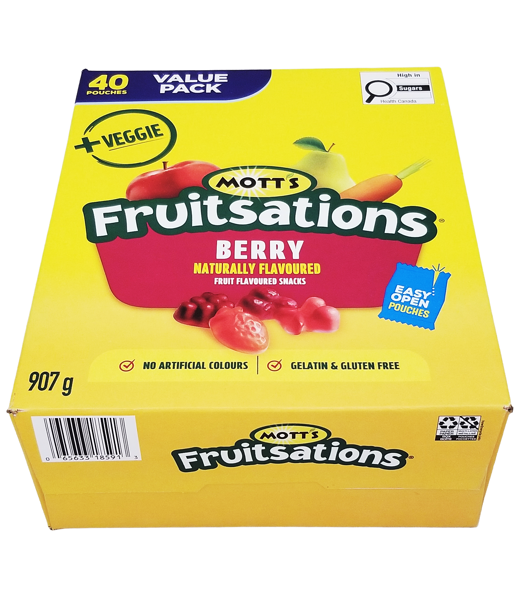 Box of Mott's Fruitsations + Veggie Berry Gummies, 40 Pouches - 907g fruit snacks on a white background