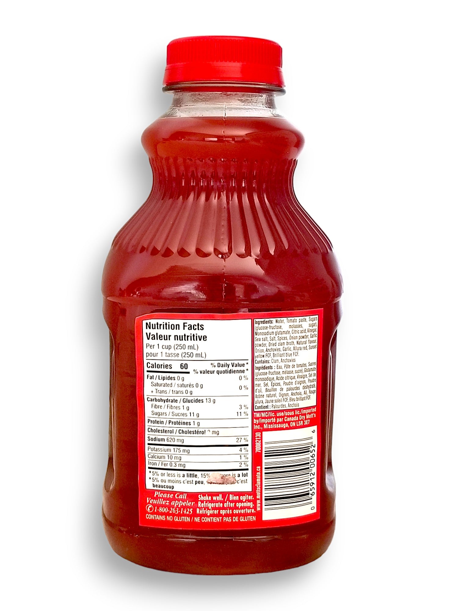 Mott's Clamato Juice, Extra Spicy, 945ml/32 oz. Bottle, back of bottle.