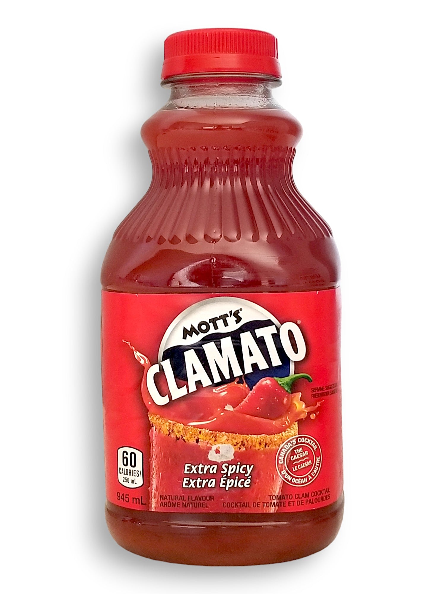 Mott's Clamato Juice, Extra Spicy, 945ml/32 oz. Bottle, front of bottle.