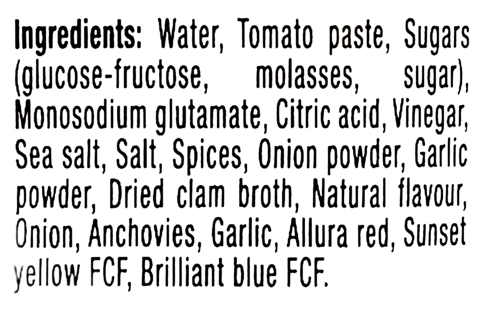 Mott's Clamato Juice, Extra Spicy, 945ml/32 oz. Bottle, ingredients label.