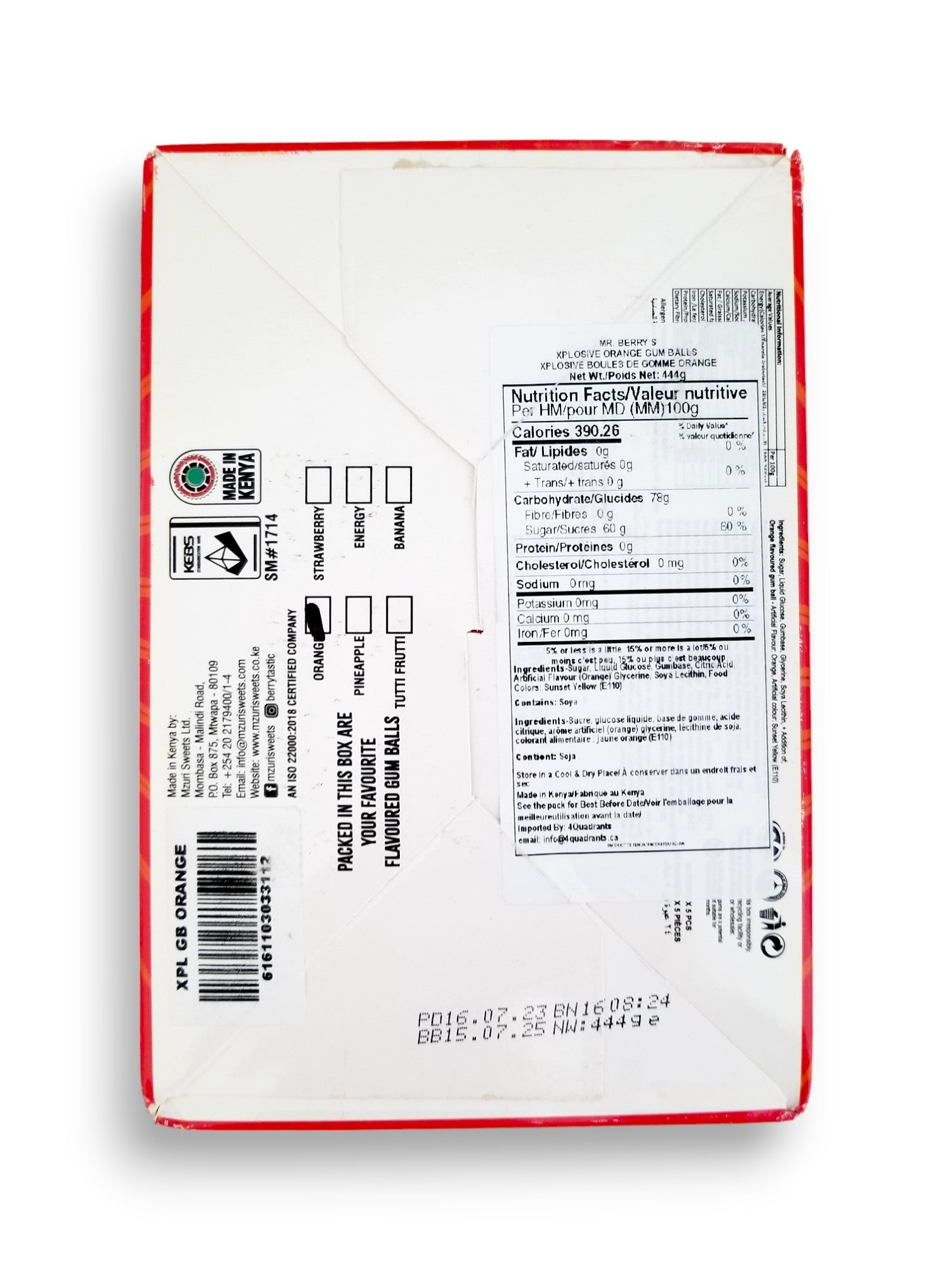 Mr. Berry's Explosive Gumballs, Orange Flavored - 24 Packs of 5 Pcs - 500g, bottom of box.