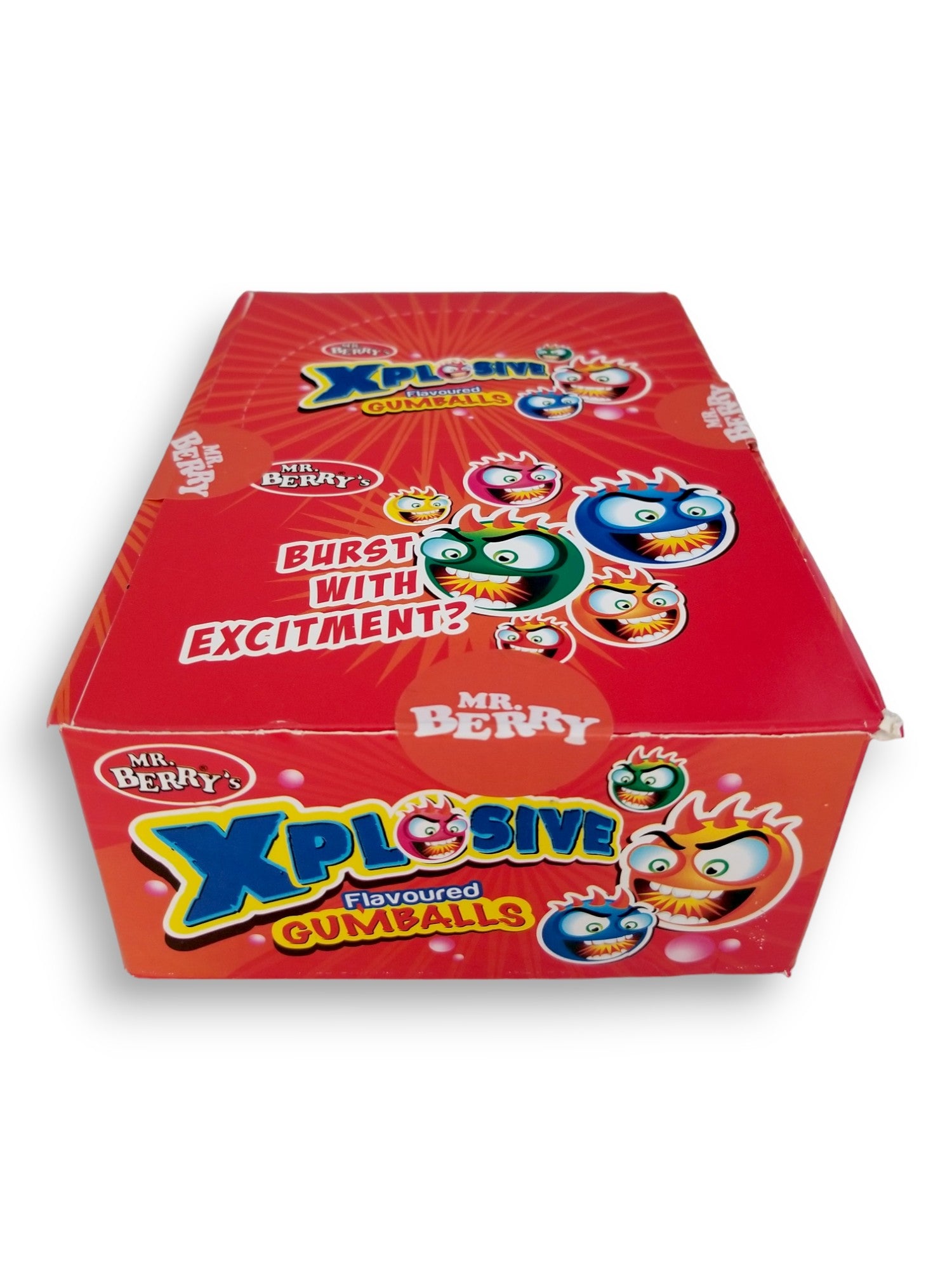 Mr. Berry's Explosive Gumballs, Orange Flavored - 24 Packs of 5 Pcs - 500g, front of box.