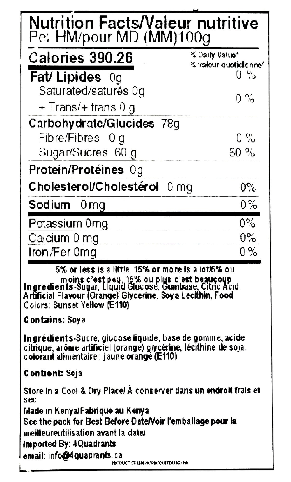 Mr. Berry's Explosive Gumballs, Orange Flavored - 24 Packs of 5 Pcs - 500g, nutrition & ingredients label.