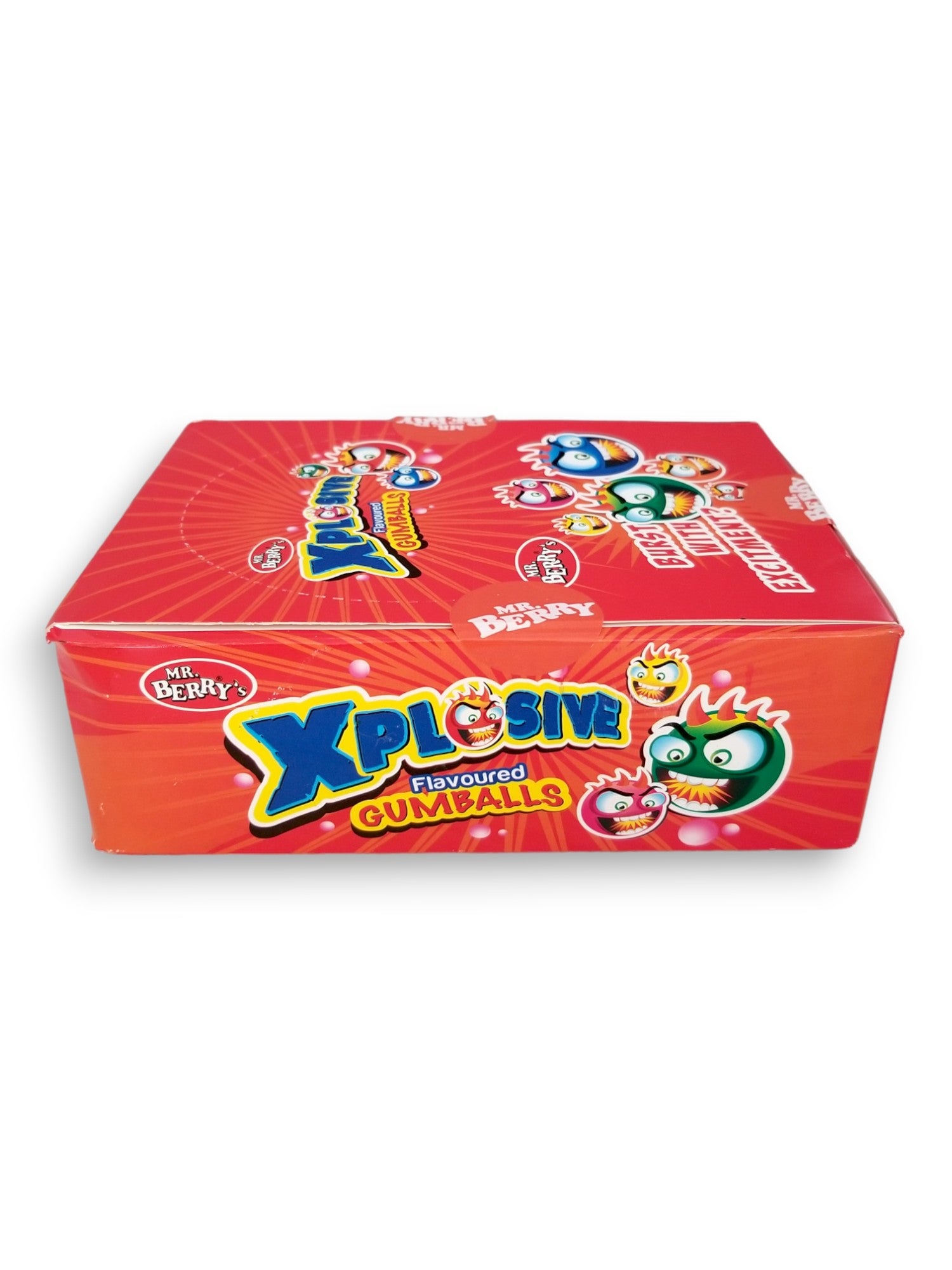 Mr. Berry's Explosive Gumballs, Orange Flavored - 24 Packs of 5 Pcs - 500g, side of box.
