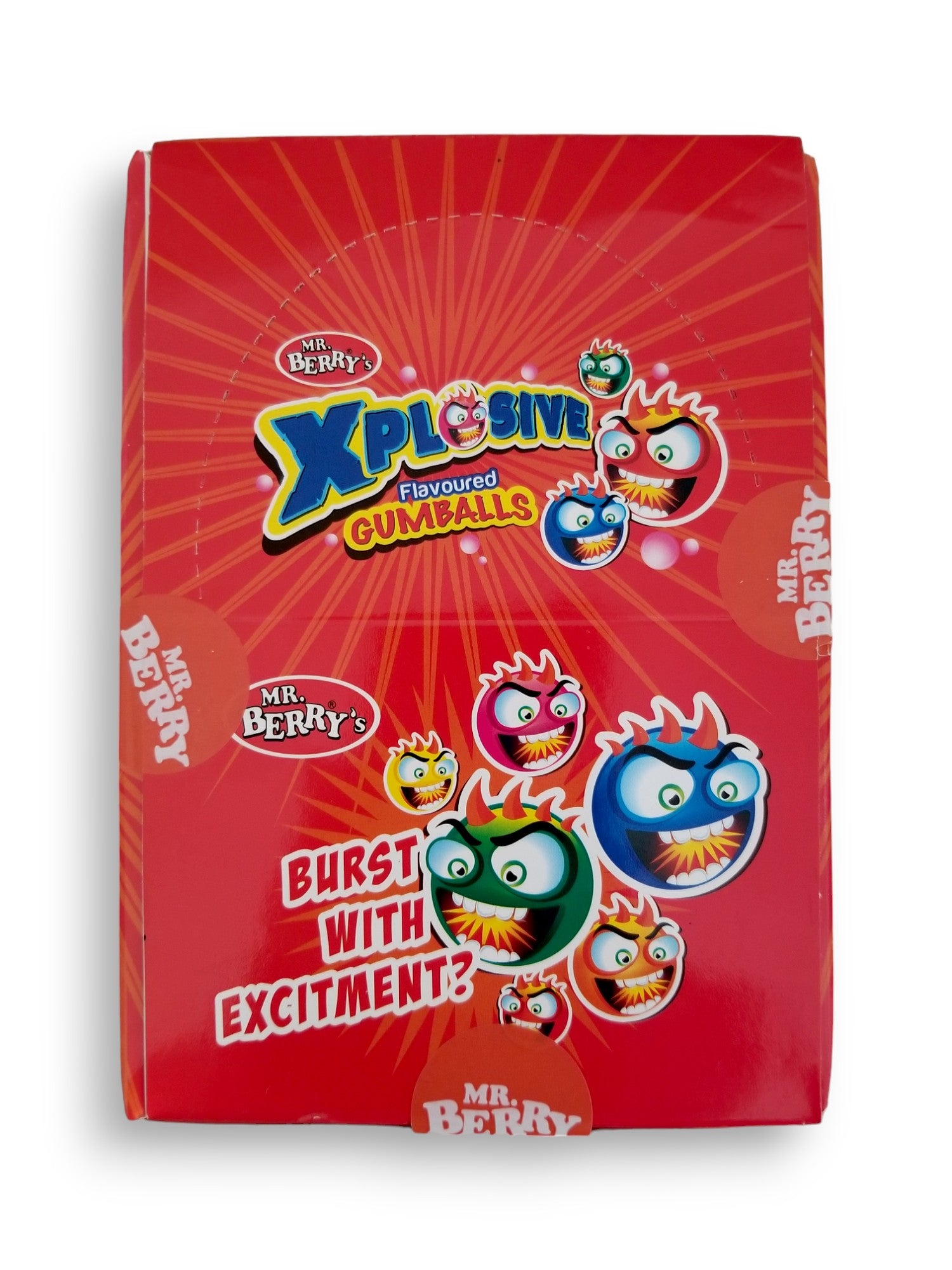 Mr. Berry's Explosive Gumballs, Orange Flavored - 24 Packs of 5 Pcs - 500g, top of box.