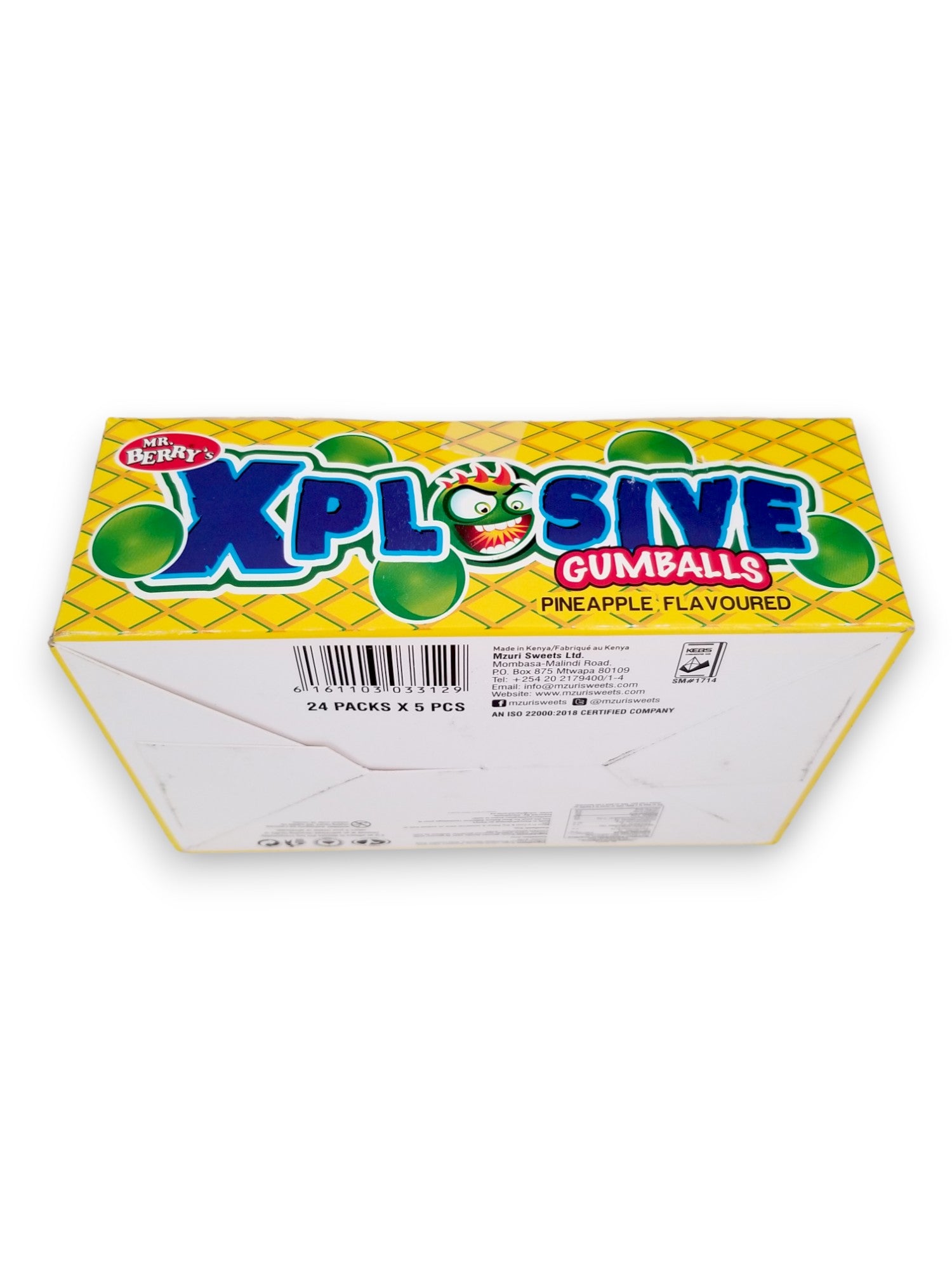 Mr. Berry's Explosive Gumballs, Pineapple Flavored - 24 Packs of 5 Pcs - 500g, bottom of box.