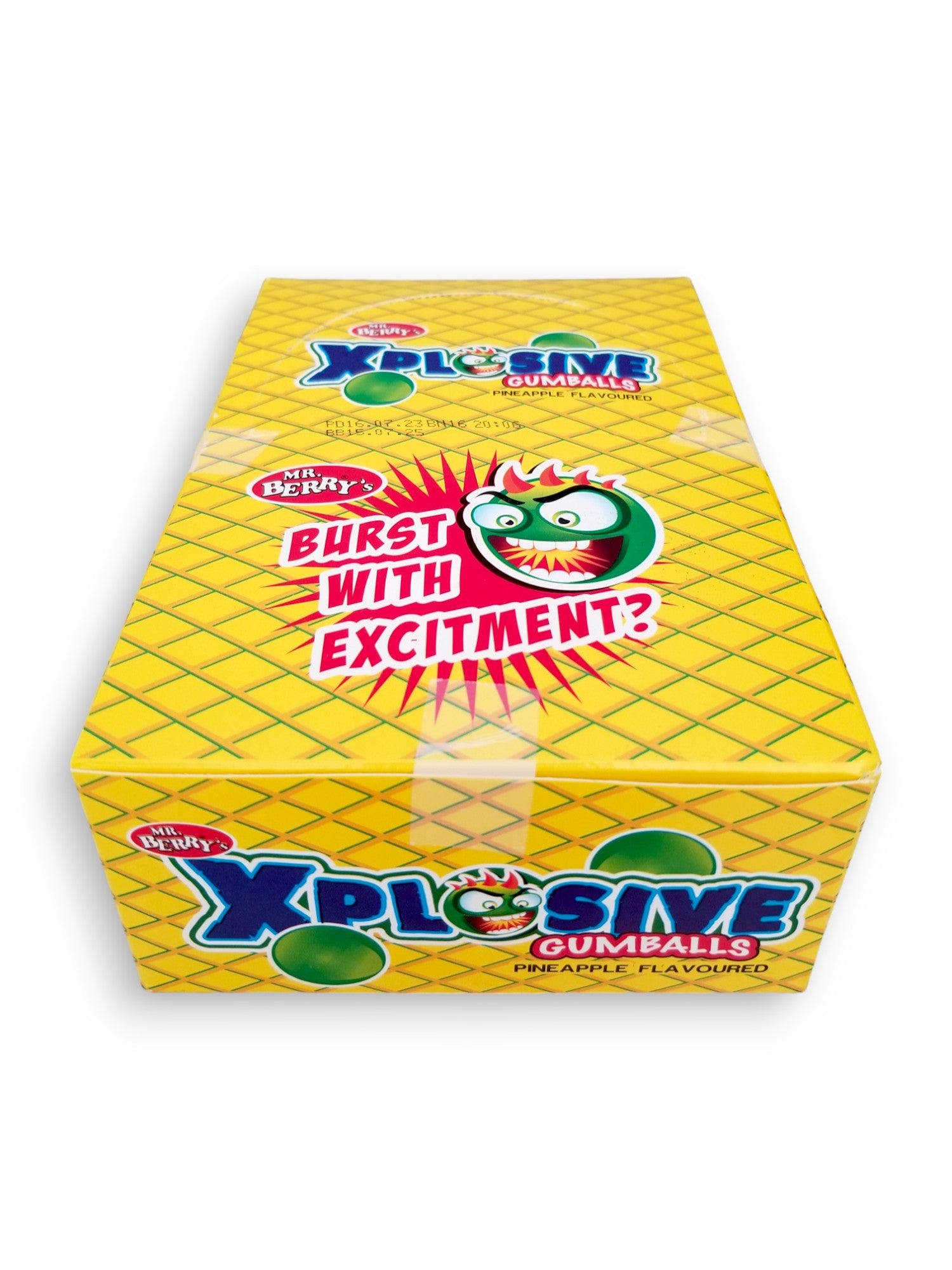 Mr. Berry's Explosive Gumballs, Pineapple Flavored - 24 Packs of 5 Pcs - 500g, front of box.