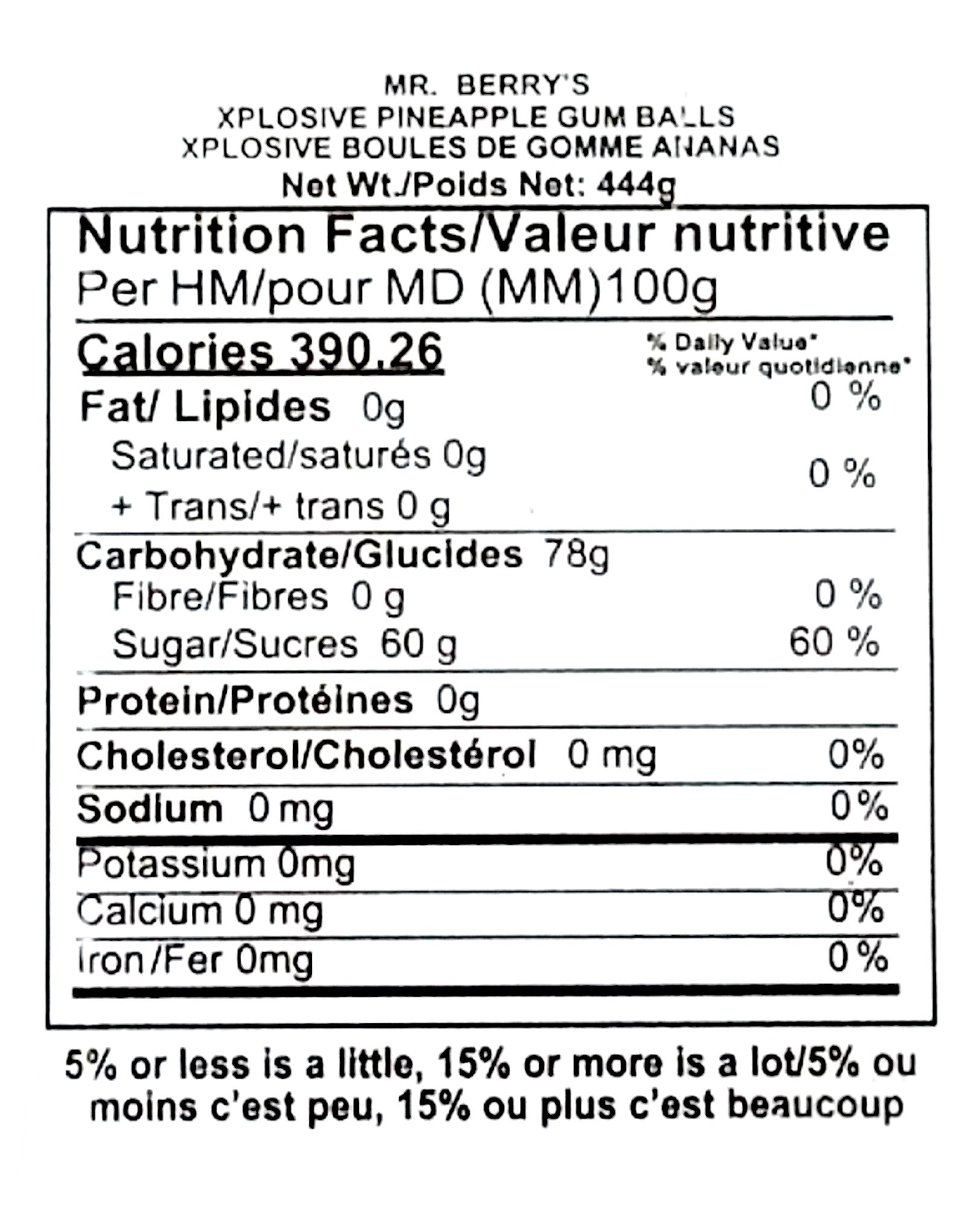 Mr. Berry's Explosive Gumballs, Pineapple Flavored - 24 Packs of 5 Pcs - 500g, nutrition facts label.