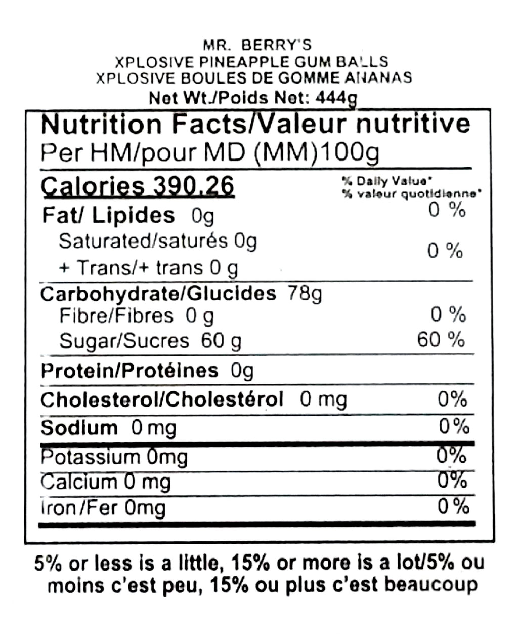 Mr. Berry's Explosive Gumballs, Pineapple Flavored - 24 Packs of 5 Pcs - 500g, nutrition facts label.