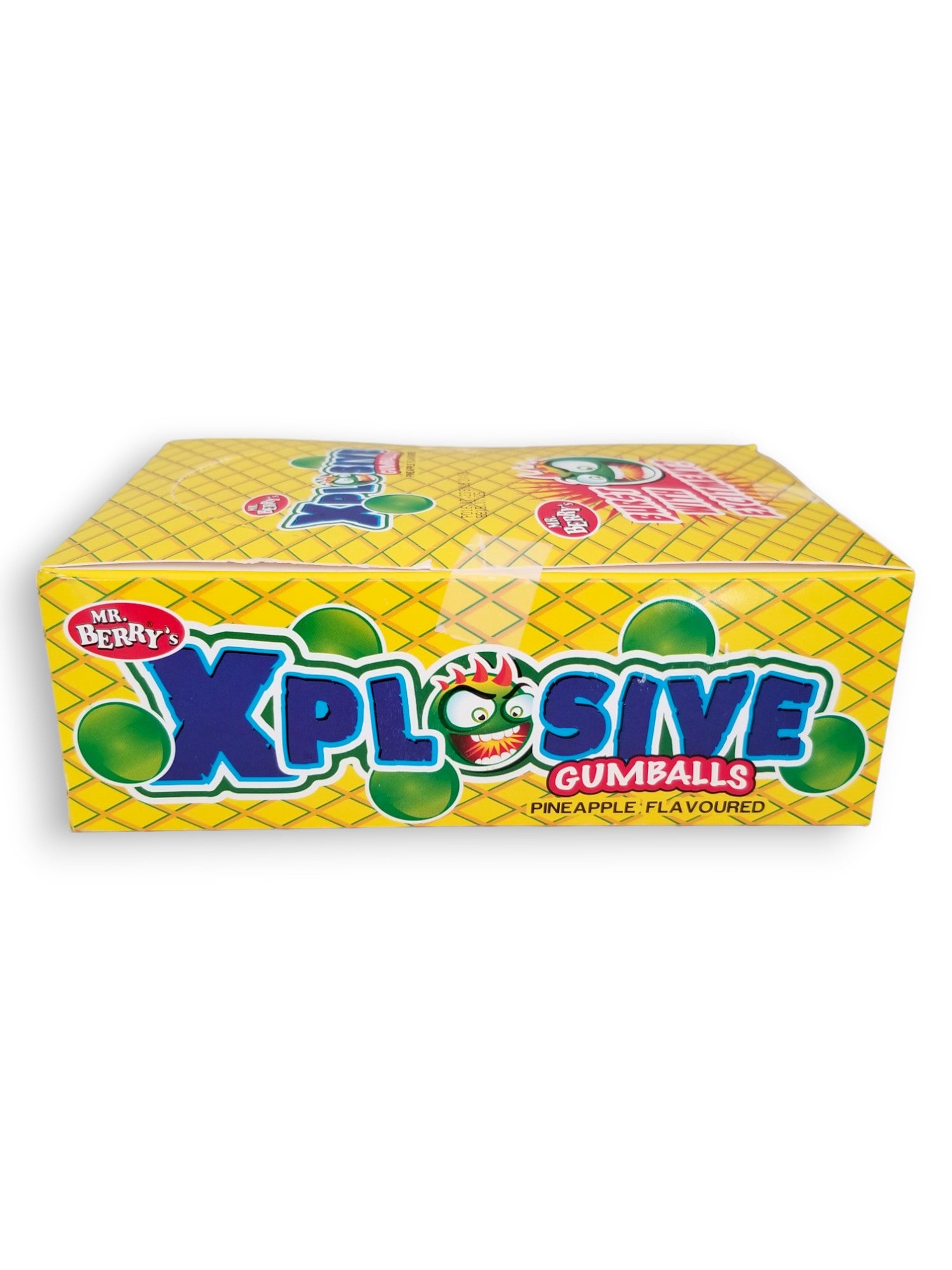 Mr. Berry's Explosive Gumballs, Pineapple Flavored - 24 Packs of 5 Pcs - 500g, side of box.