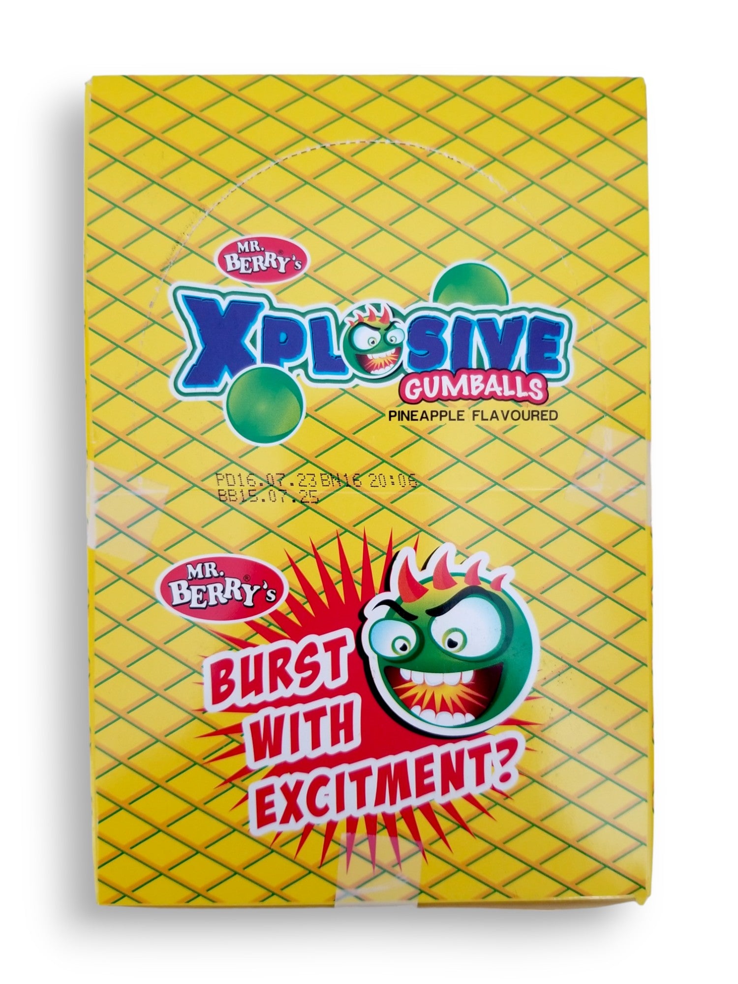 Mr. Berry's Explosive Gumballs, Pineapple Flavored - 24 Packs of 5 Pcs - 500g, top of box.