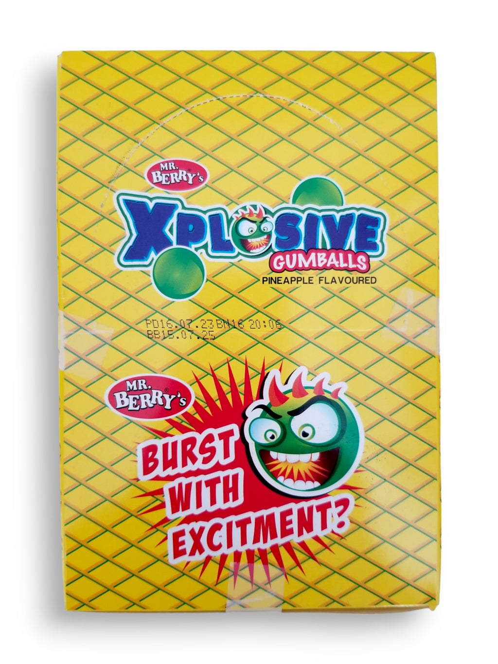 Mr. Berry's Explosive Gumballs, Pineapple Flavored - 24 Packs of 5 Pcs - 500g, top of box.