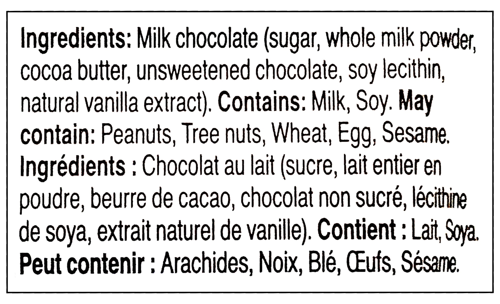MR BEAST FEASTABLES Milk Chocolate Bar, 60g/2.1 oz. Bar - Ingredients label