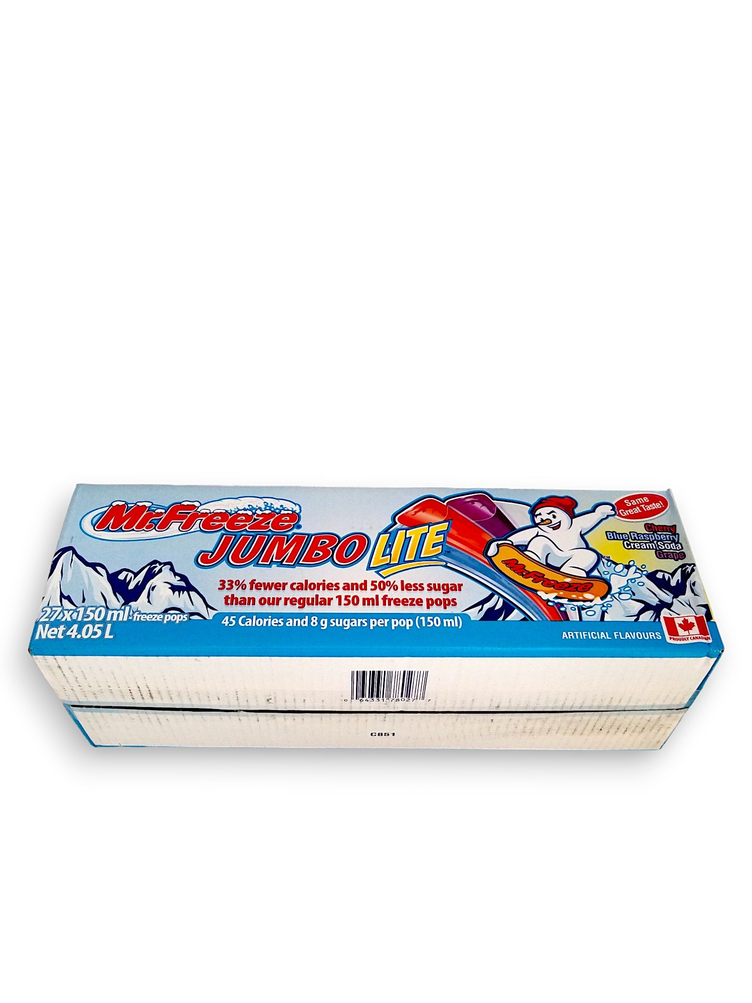 Mr. Freeze, Jumbo Lite Freezies, Ice Pops, 27x150ml, bottom of box with UPC.
