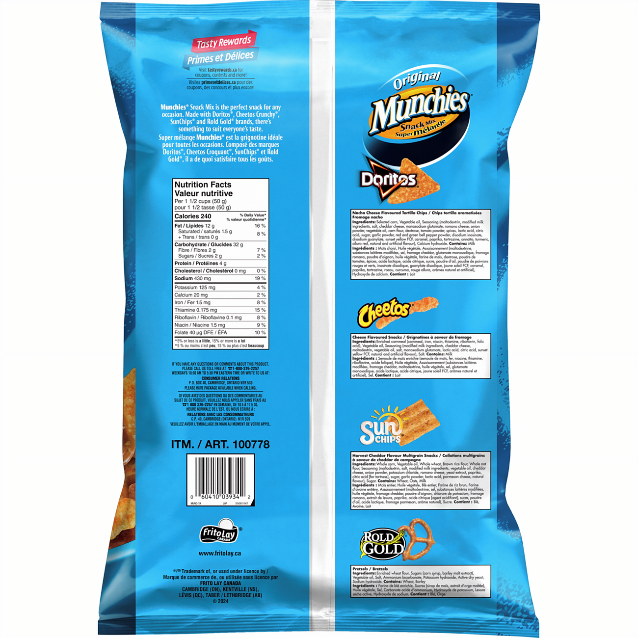 Munchies Original Snack Mix, Doritos, Cheetos, Sun Chips & Rold Gold, 1.1kg/2.4 lb., back of bag