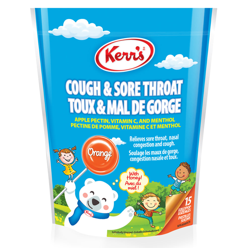 Kerr's Cold and Sore Throat Lollypop Orange Lozenges, 15 count, Bag {Imported from Canada}