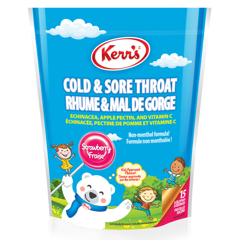 Kerr's Cold and Sore Throat Lollypop Strawberry Lozenges, 15 count, Bag {Imported from Canada}