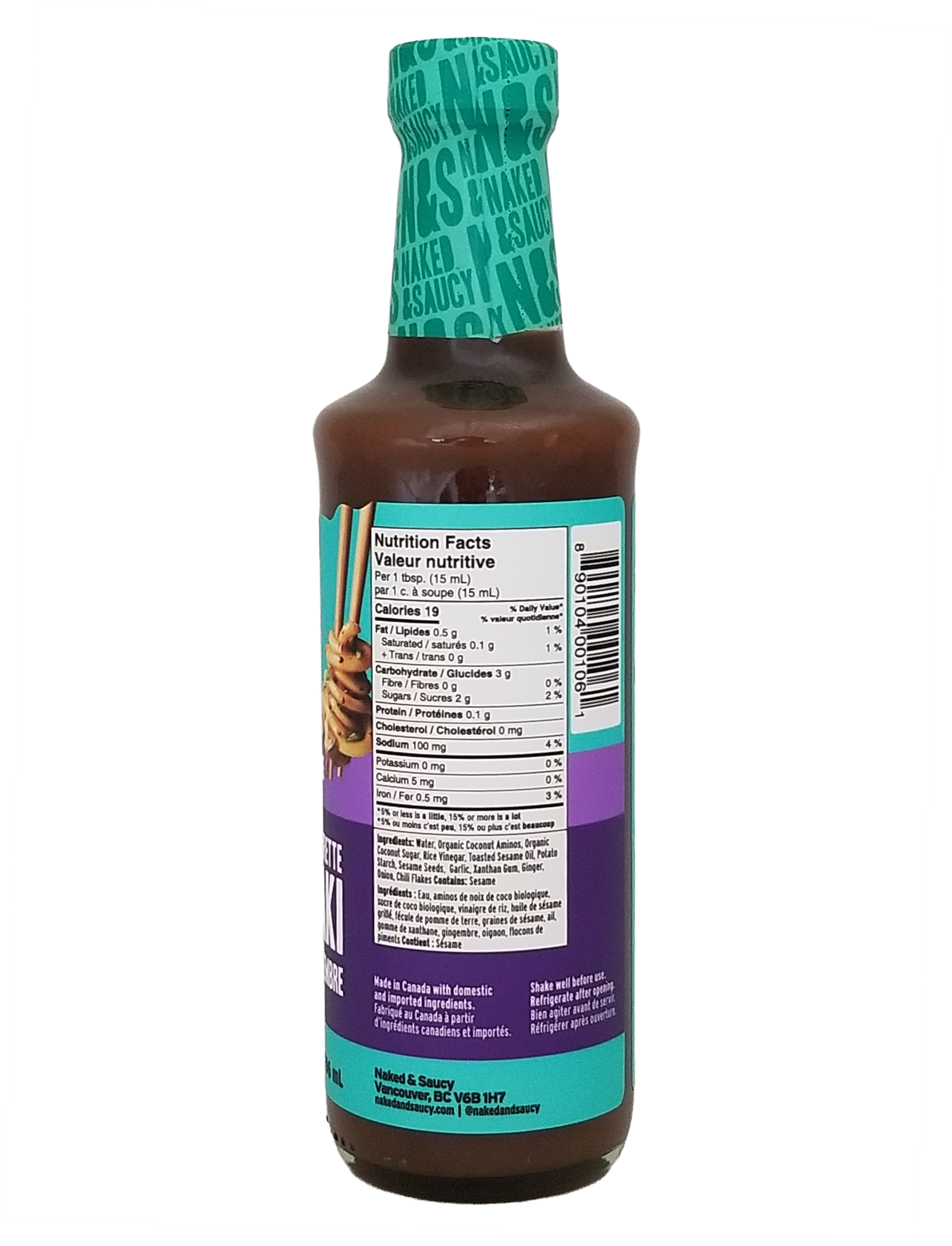 Bottle of Naked & Saucy Teriyaki Sesame Ginger Sauce & Dressing, 296ml/10.4 fl oz with a colorful label on a white background