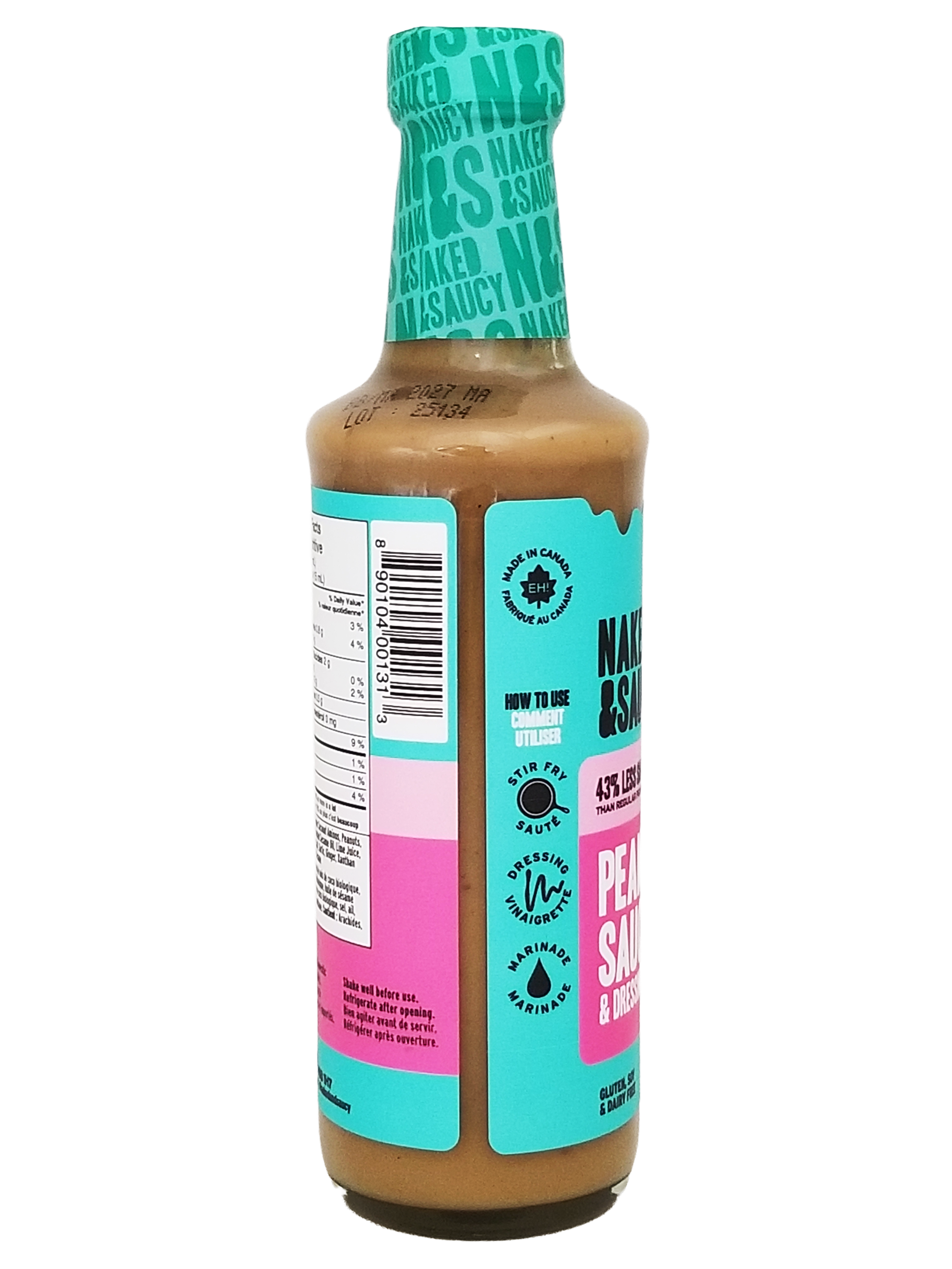 Bottle of Naked & Saucy Peanut Sauce & Dressing, 296ml/10.4 fl oz with a turquoise label on a white background