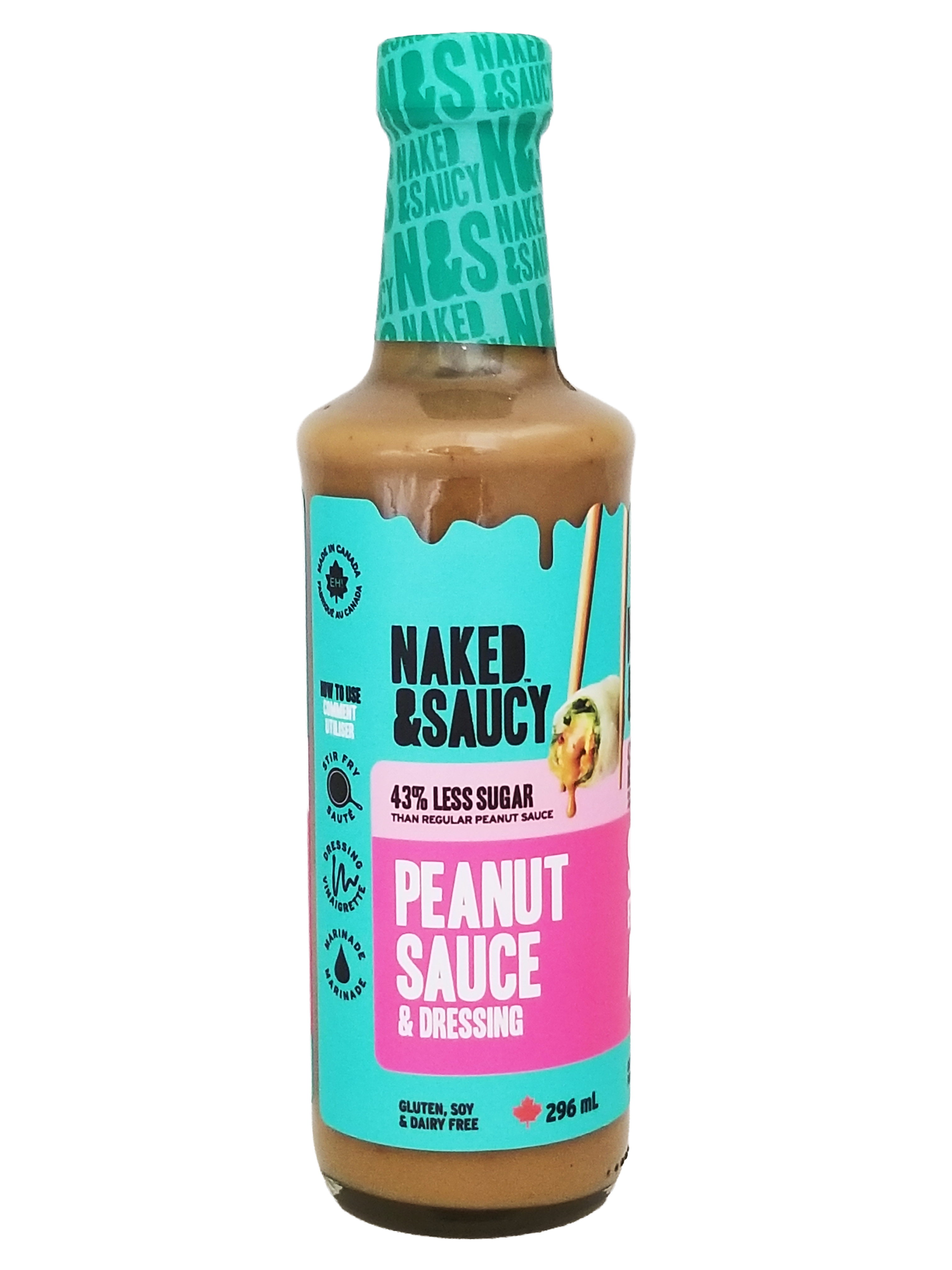 Bottle of Naked & Saucy peanut sauce with a colorful label on a white background