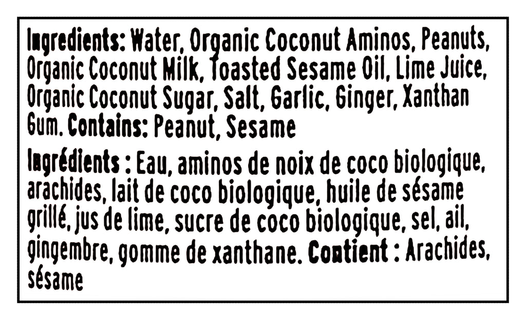 Ingredients list for Naked & Saucy Peanut Sauce & Dressing, 296ml/10.4 fl oz with both English and French text.