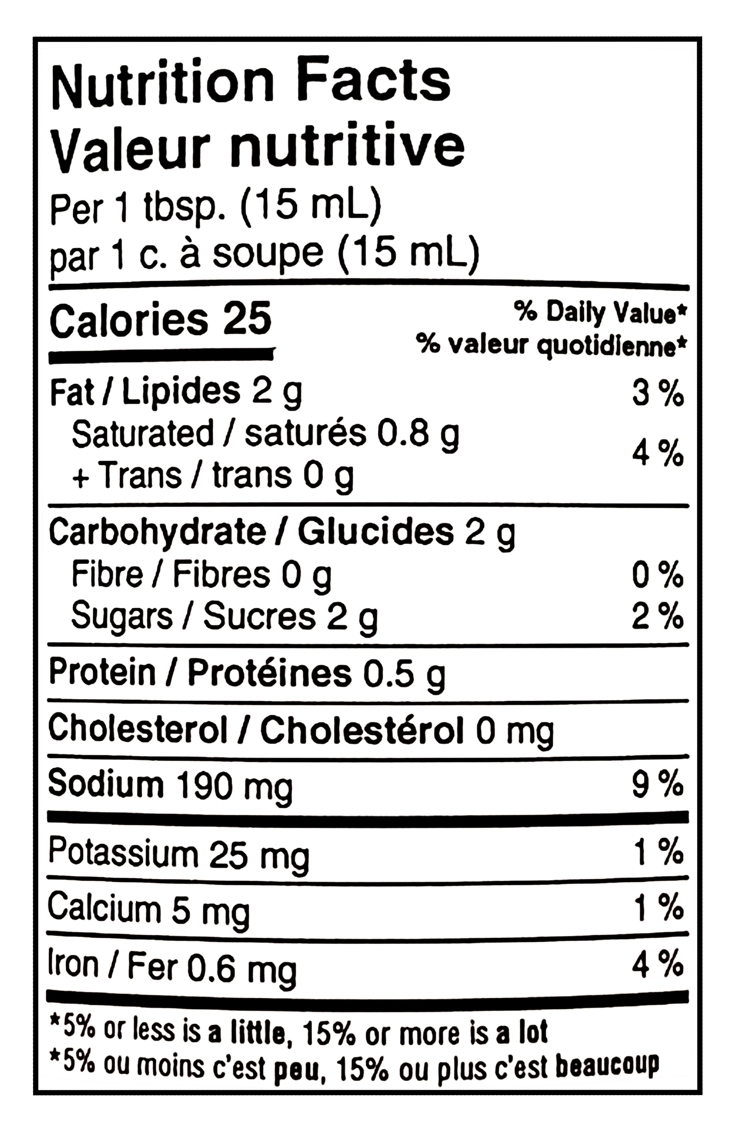 Nutrition facts label for Naked & Saucy Peanut Sauce & Dressing, 296ml/10.4 fl oz with specific calorie count and nutritional content per serving.