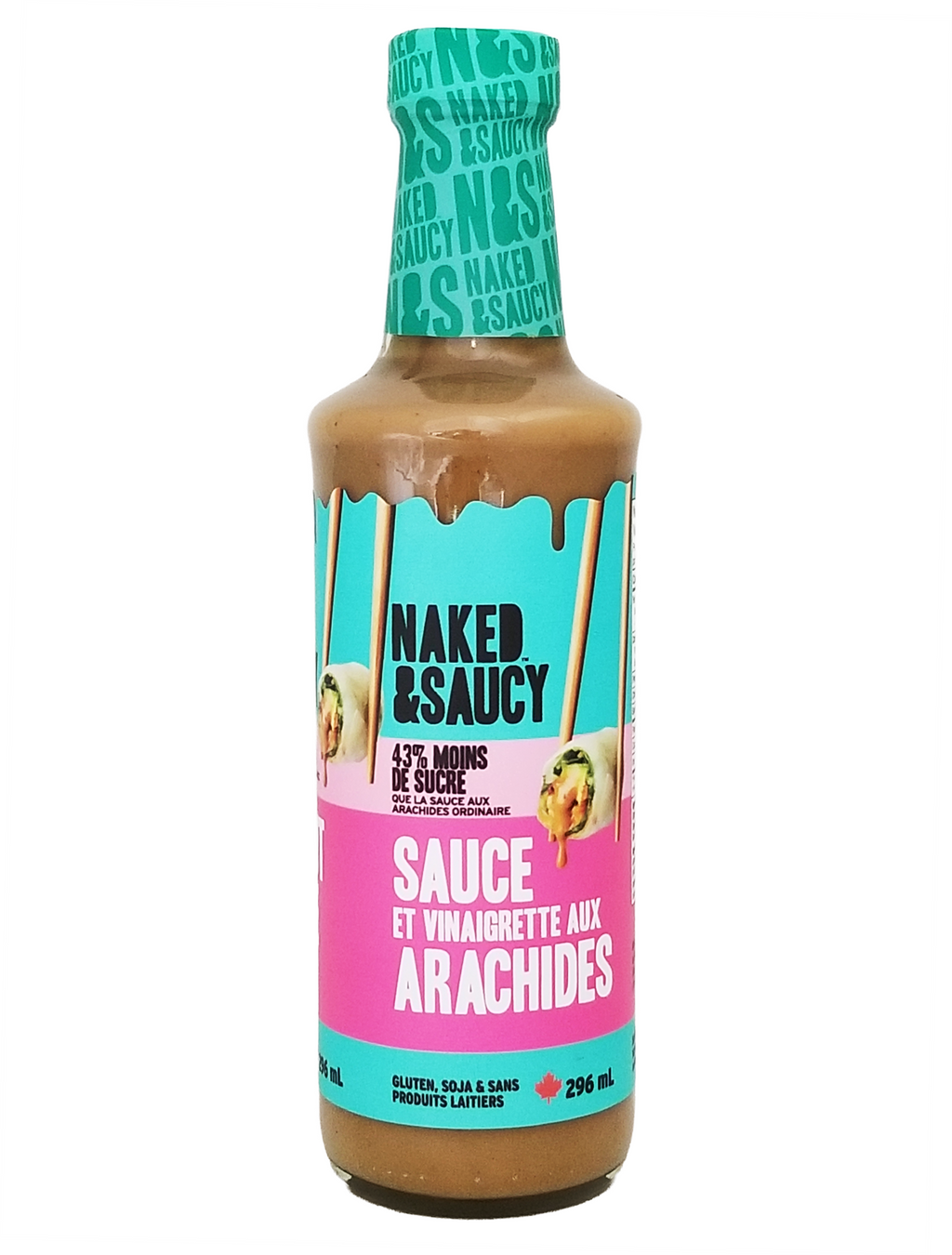 Bottle of Naked & Saucy Peanut Sauce & Dressing, 296ml/10.4 fl oz with colorful label on a white background
