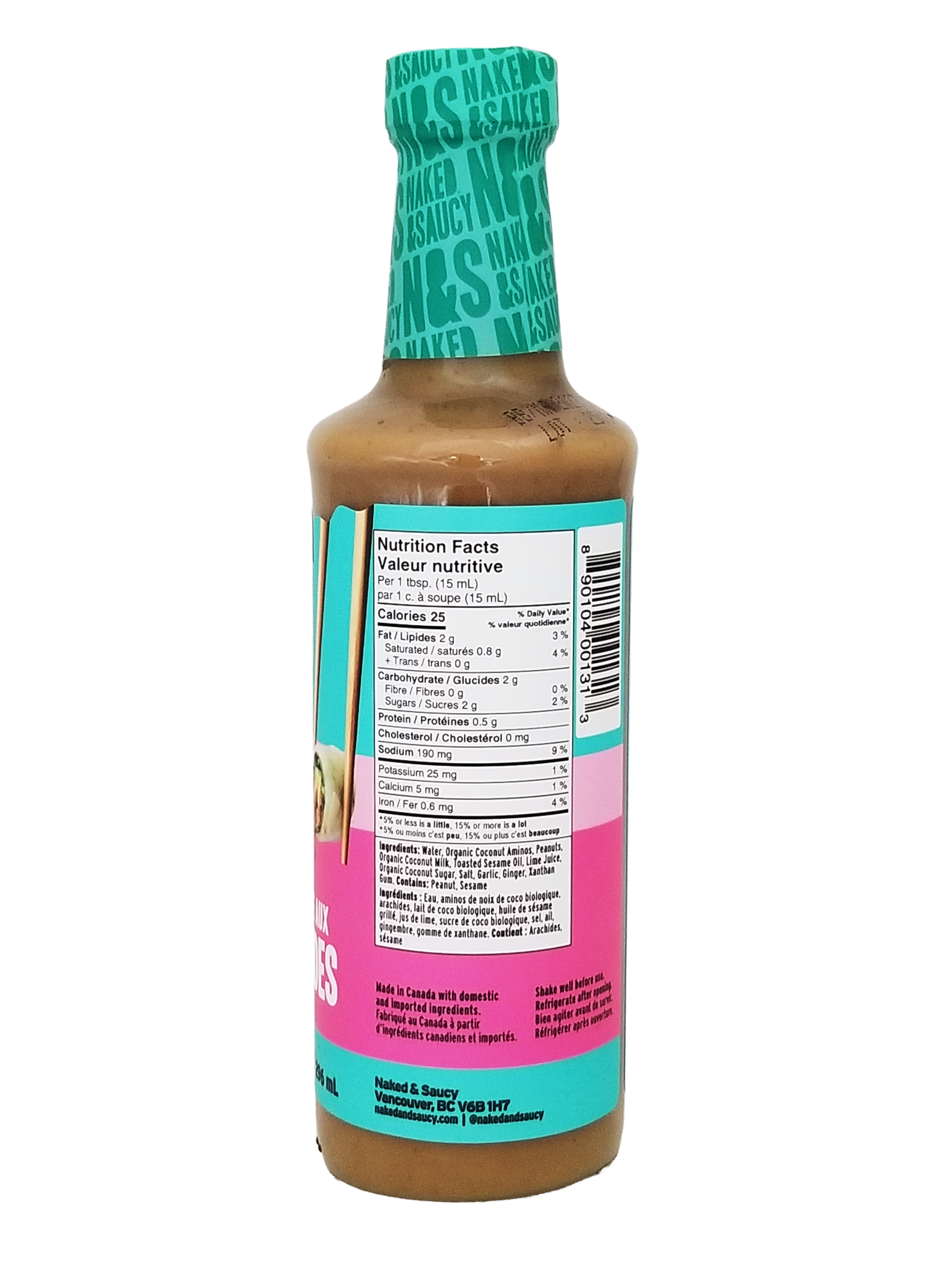 Bottle of Naked & Saucy Peanut Sauce & Dressing, 296ml/10.4 fl oz with a colorful label on a white background