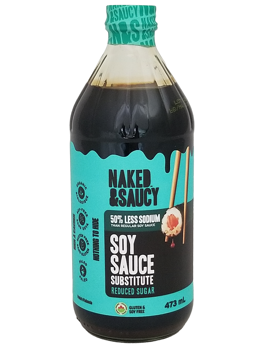Bottle of Naked & Saucy soy sauce substitute on a white background