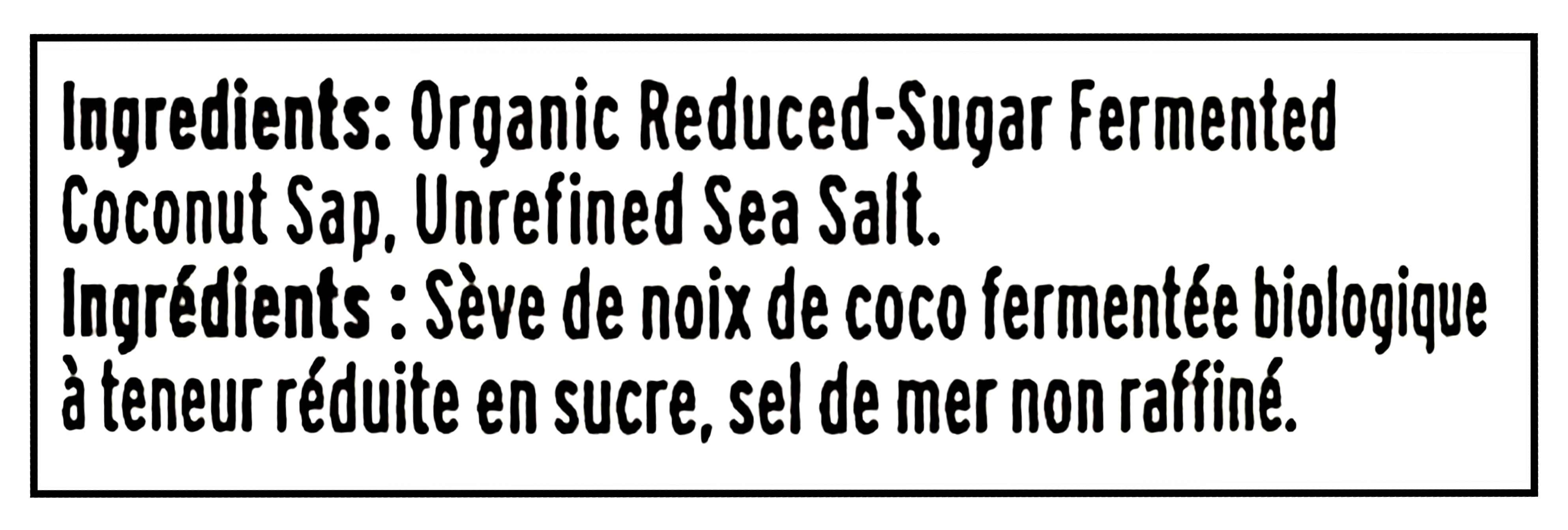 Ingredients list for Naked & Saucy Soy Sauce Substitute, 473ml/16.6 fl oz on a black background