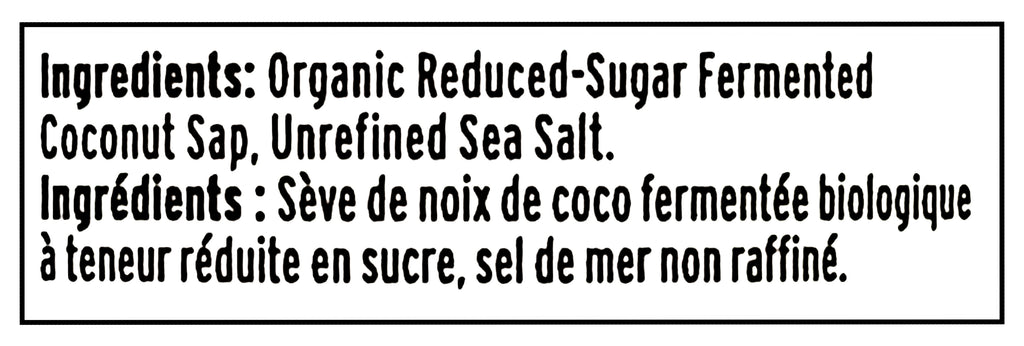 Ingredients list for Naked & Saucy Soy Sauce Substitute, 473ml/16.6 fl oz on a black background