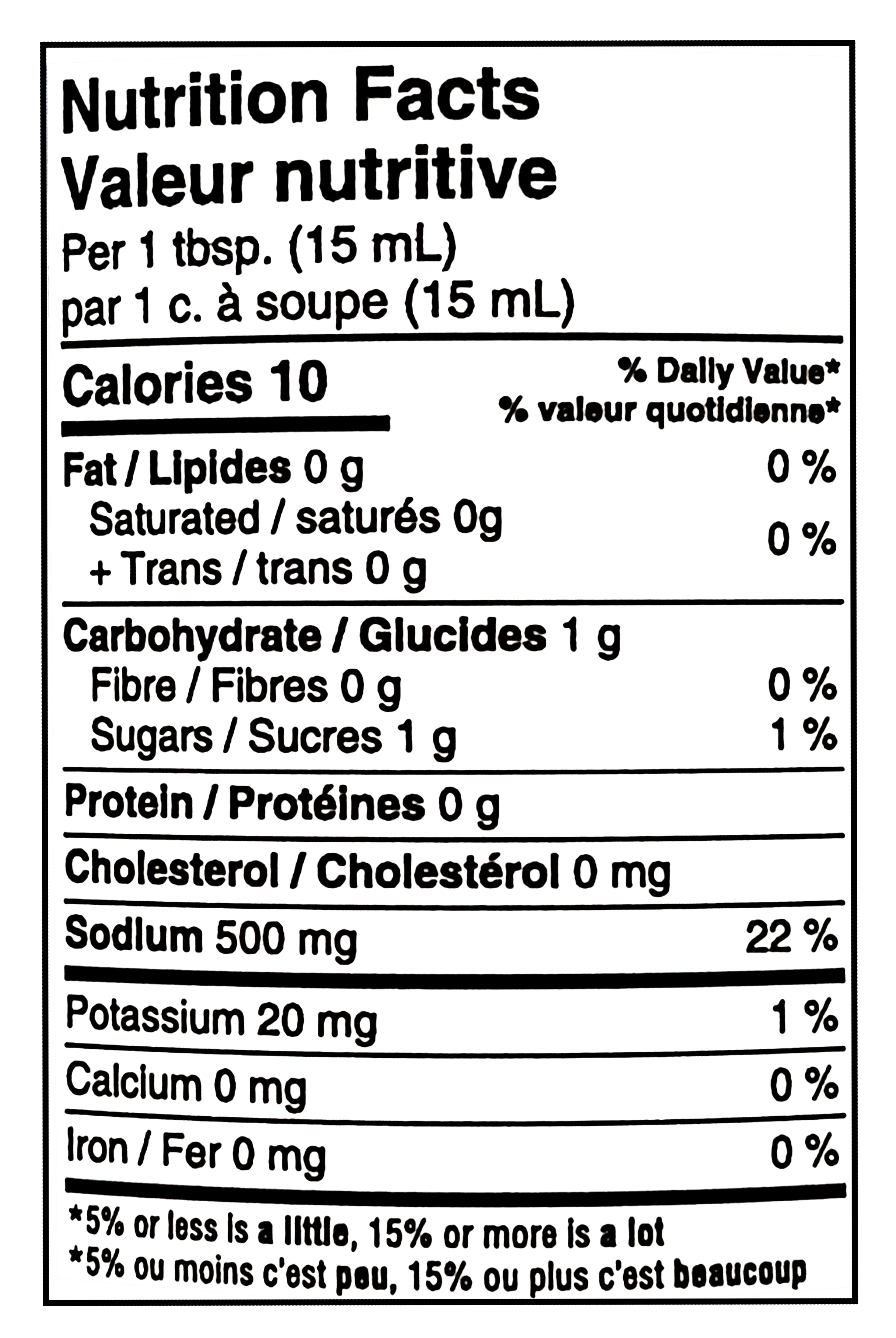 Nutrition facts label for Naked & Saucy Soy Sauce Substitute, 473ml/16.6 fl oz per 15 mL serving
