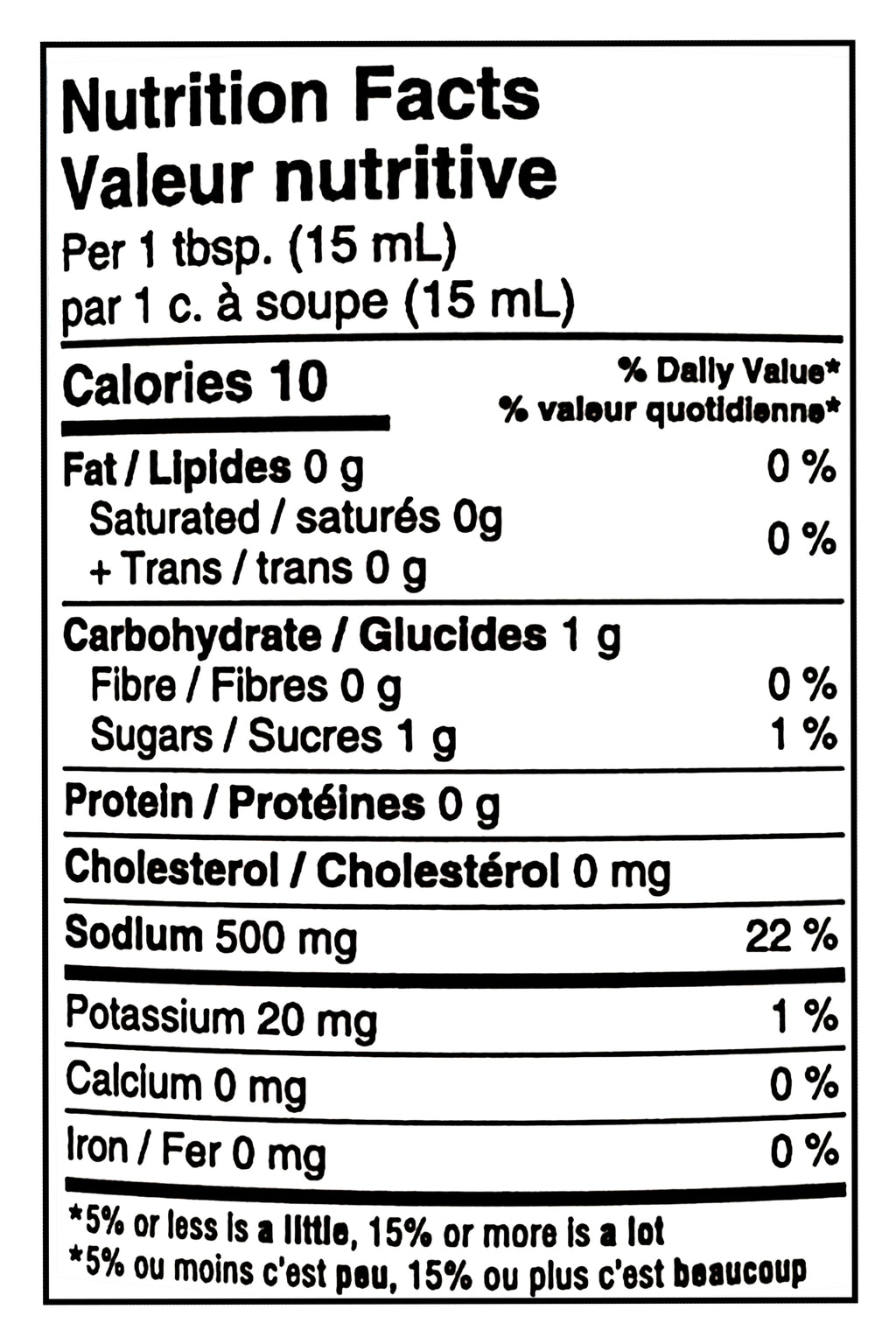 Nutrition facts label for Naked & Saucy Soy Sauce Substitute, 473ml/16.6 fl oz per 15 mL serving