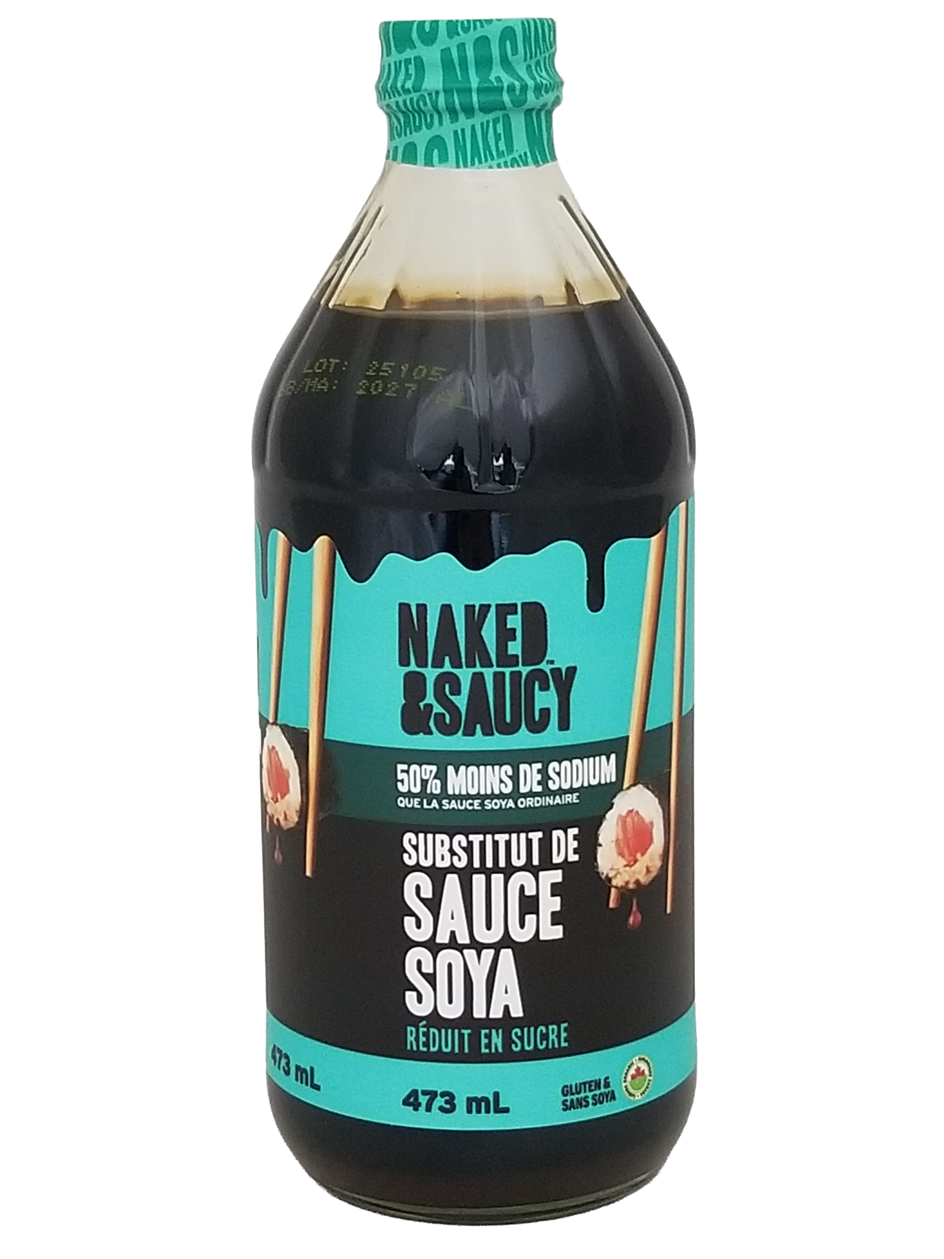 Bottle of Naked & Saucy soy sauce substitute with a blue label on a white background