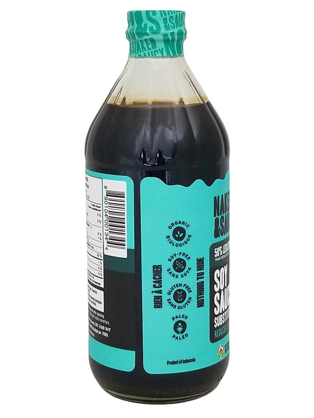 Bottle of Naked & Saucy Soy Sauce Substitute, 473ml/16.6 fl oz with turquoise label and cap on a white background