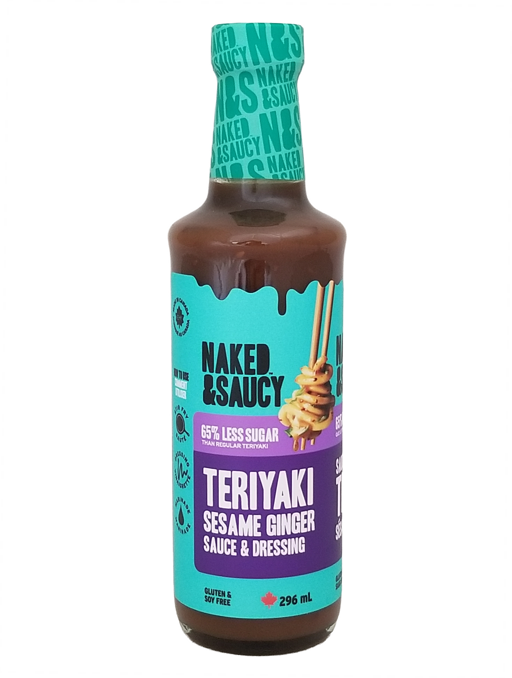 Bottle of Naked & Saucy Teriyaki Sesame Ginger Sauce & Dressing on a white background