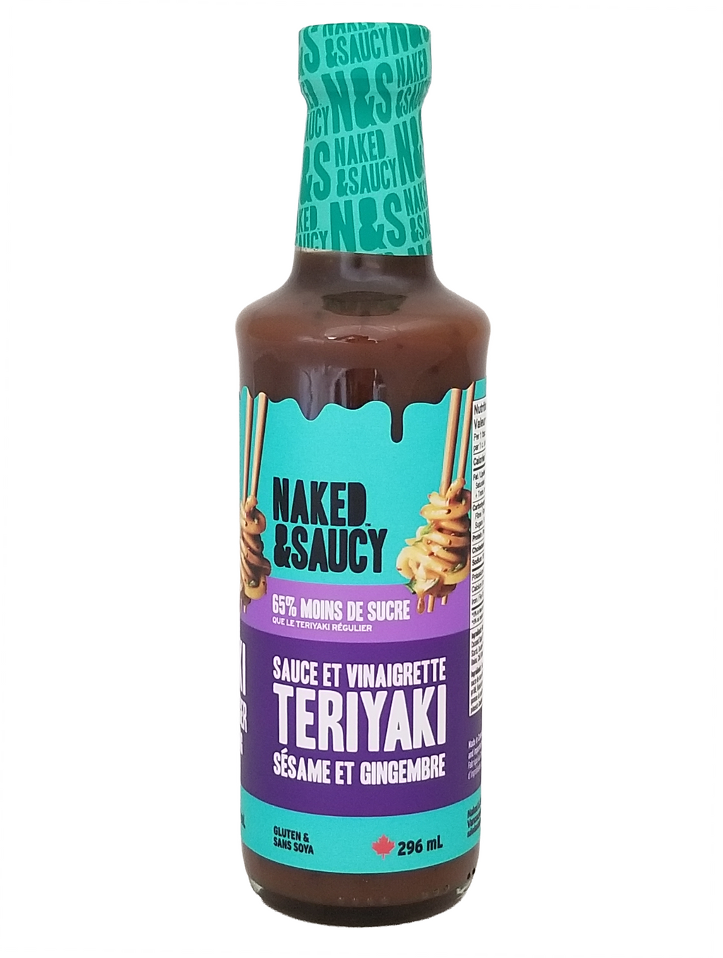 Bottle of Naked & Saucy Teriyaki sauce with a blue label on a white background