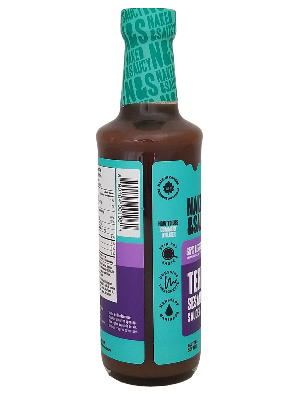Bottle of Naked & Saucy Teriyaki Sesame Ginger Sauce & Dressing, 296ml/10.4 fl oz with teal label and cap on a white background