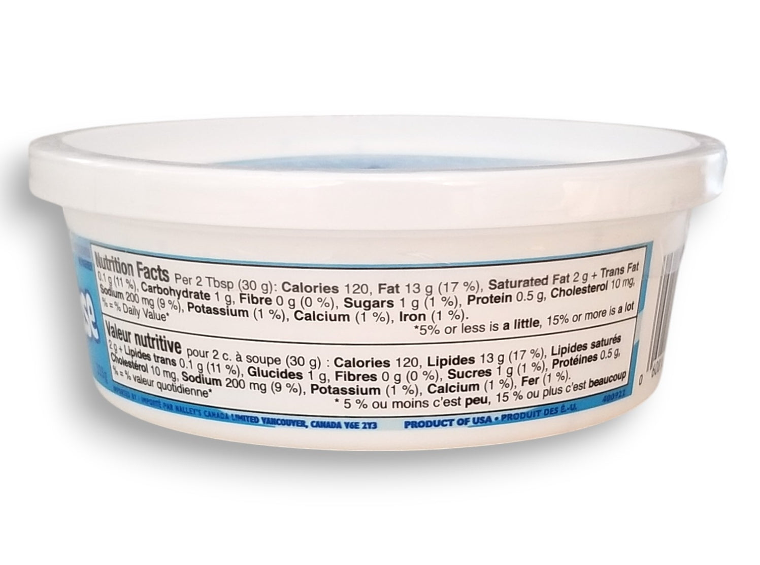 Nutrition facts of Nalley Creamy Ranch Classic Dip, 225g/7.9 oz., Tub