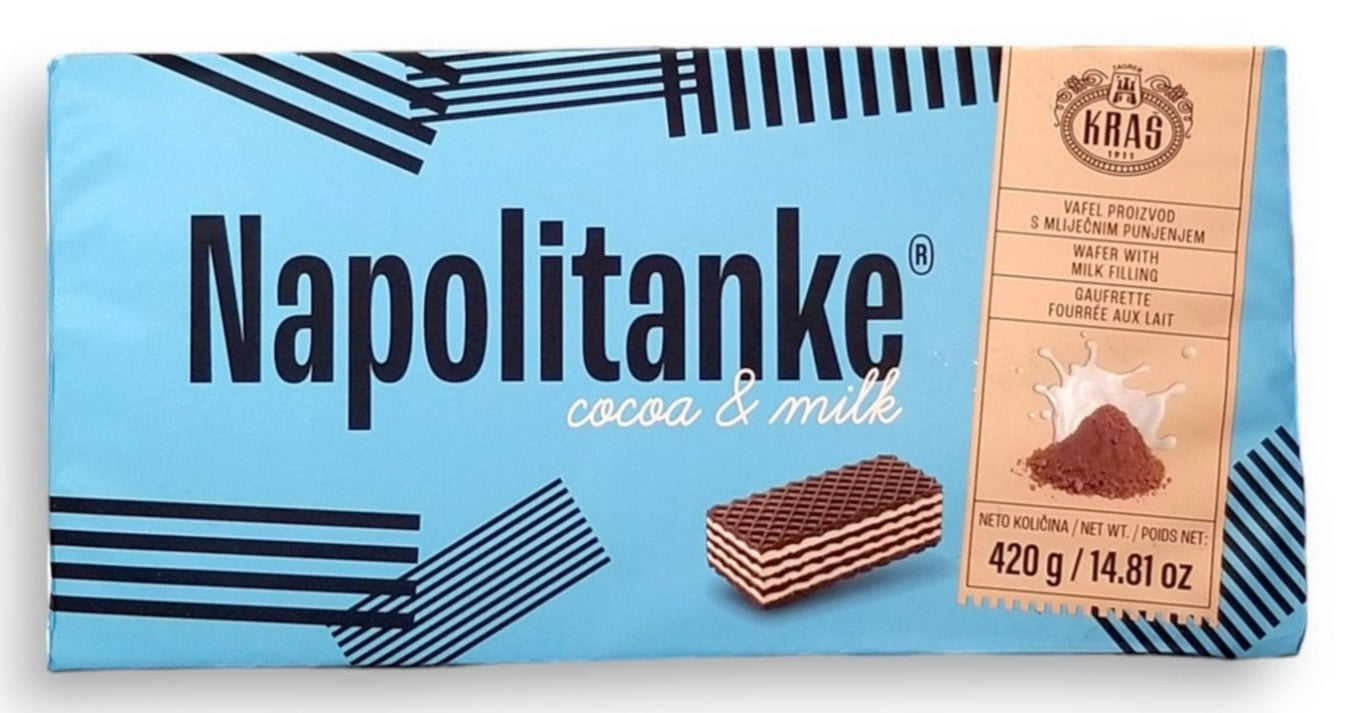 Napolitanke Cocoa & Milk Wafers, 420g, front of package.