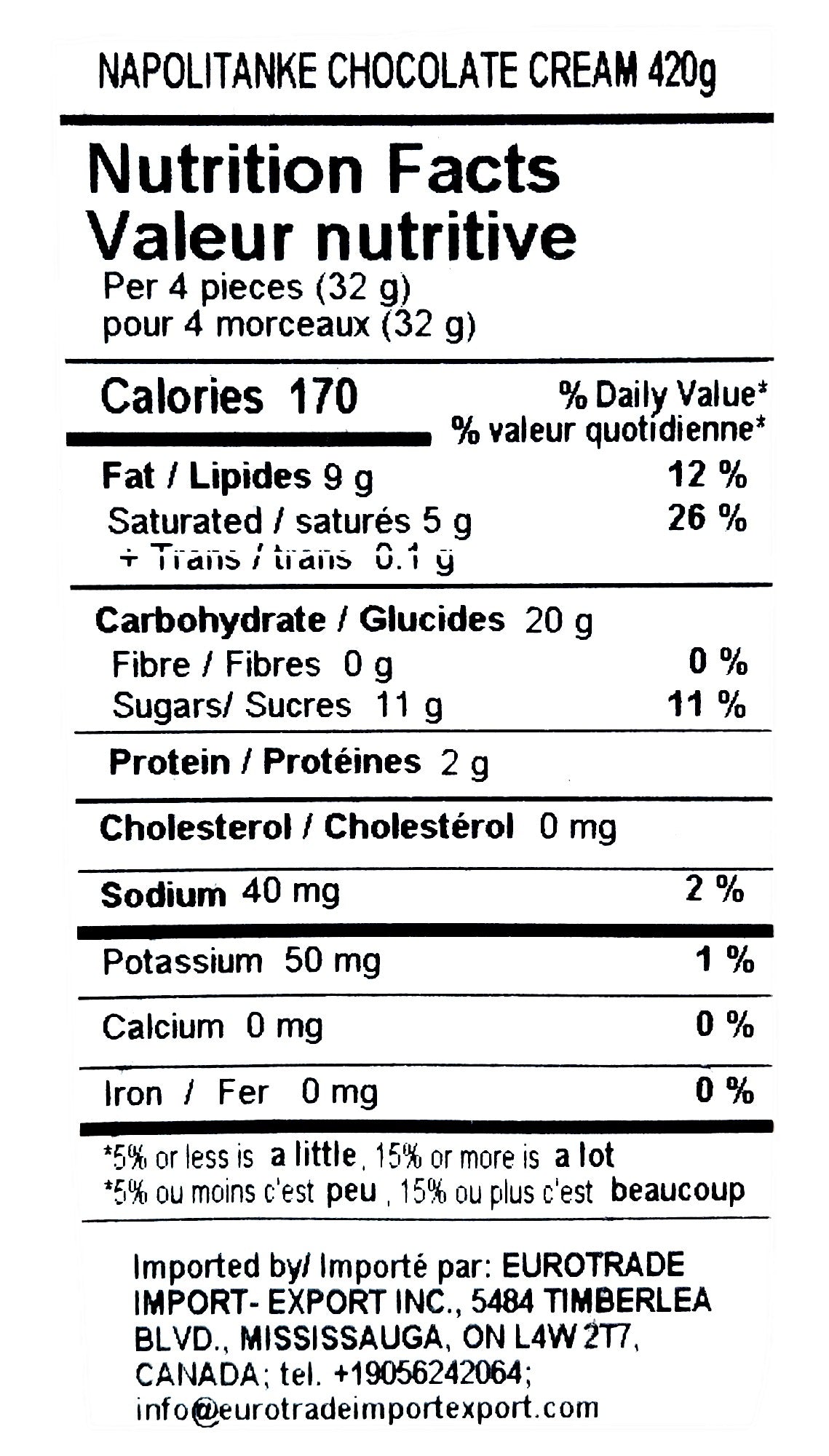 Napolitanke Chocolate Cream Wafers, 420g, nutrition facts label.