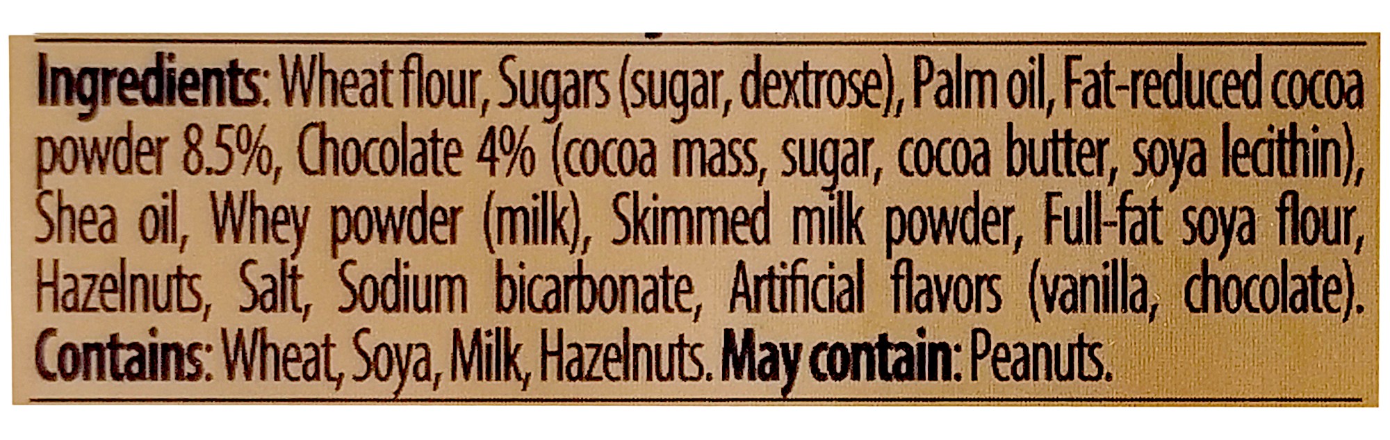 Napolitanke Cocoa & Choco Wafers, 420g, ingredients label.