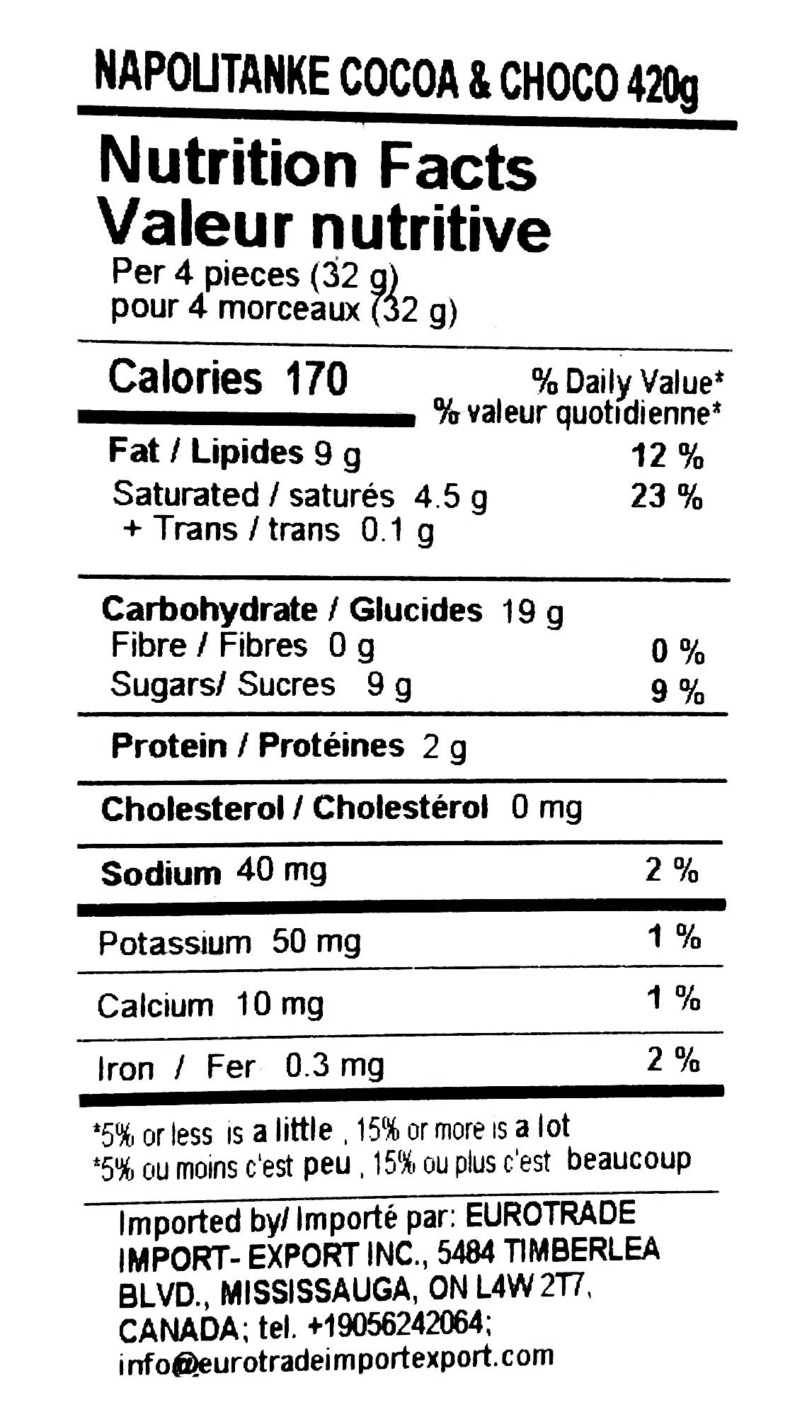 Napolitanke Cocoa & Choco Wafers, 420g, nutrition label.