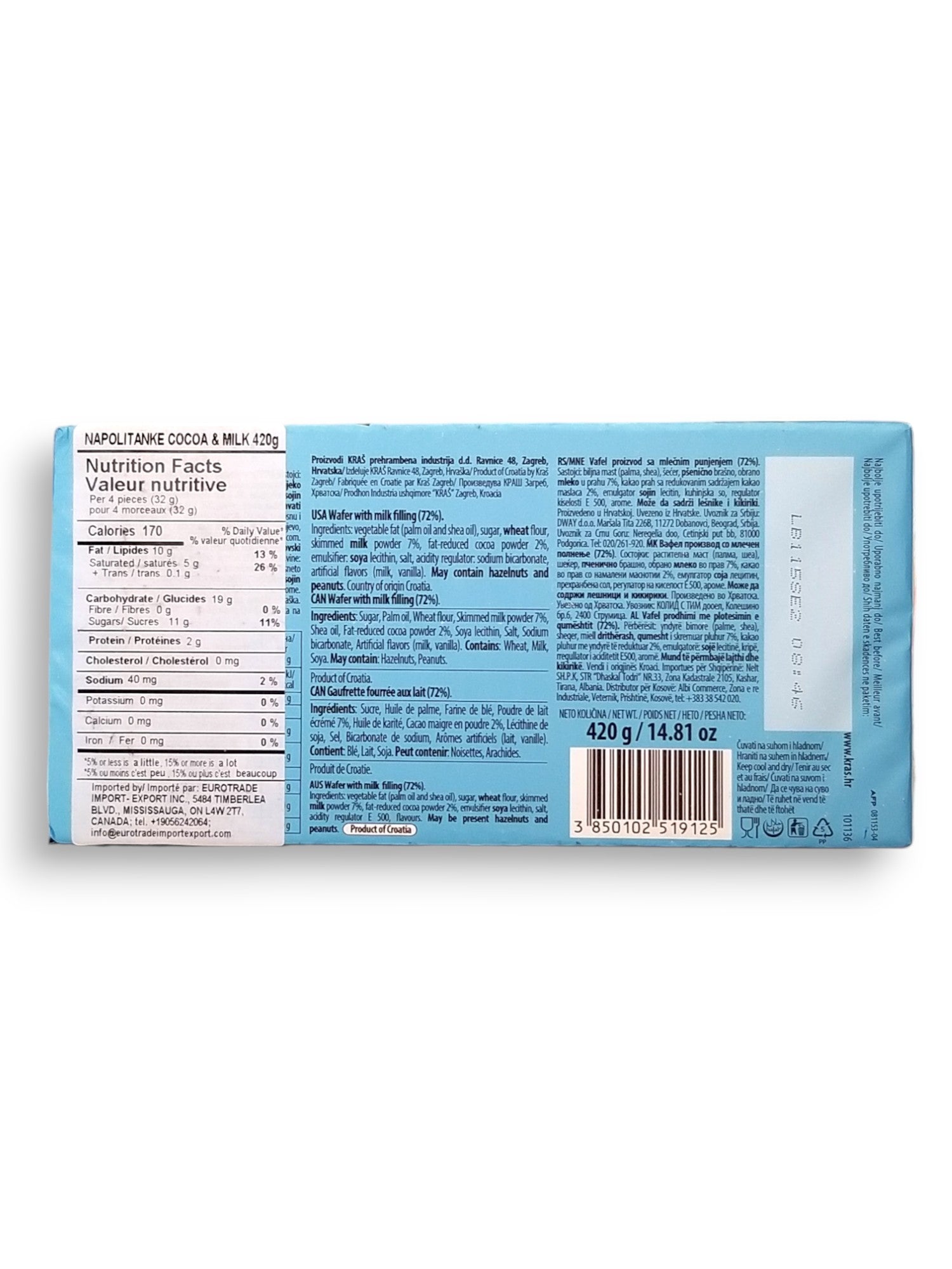 Napolitanke Cocoa & Milk Wafers, 420g, back of package.