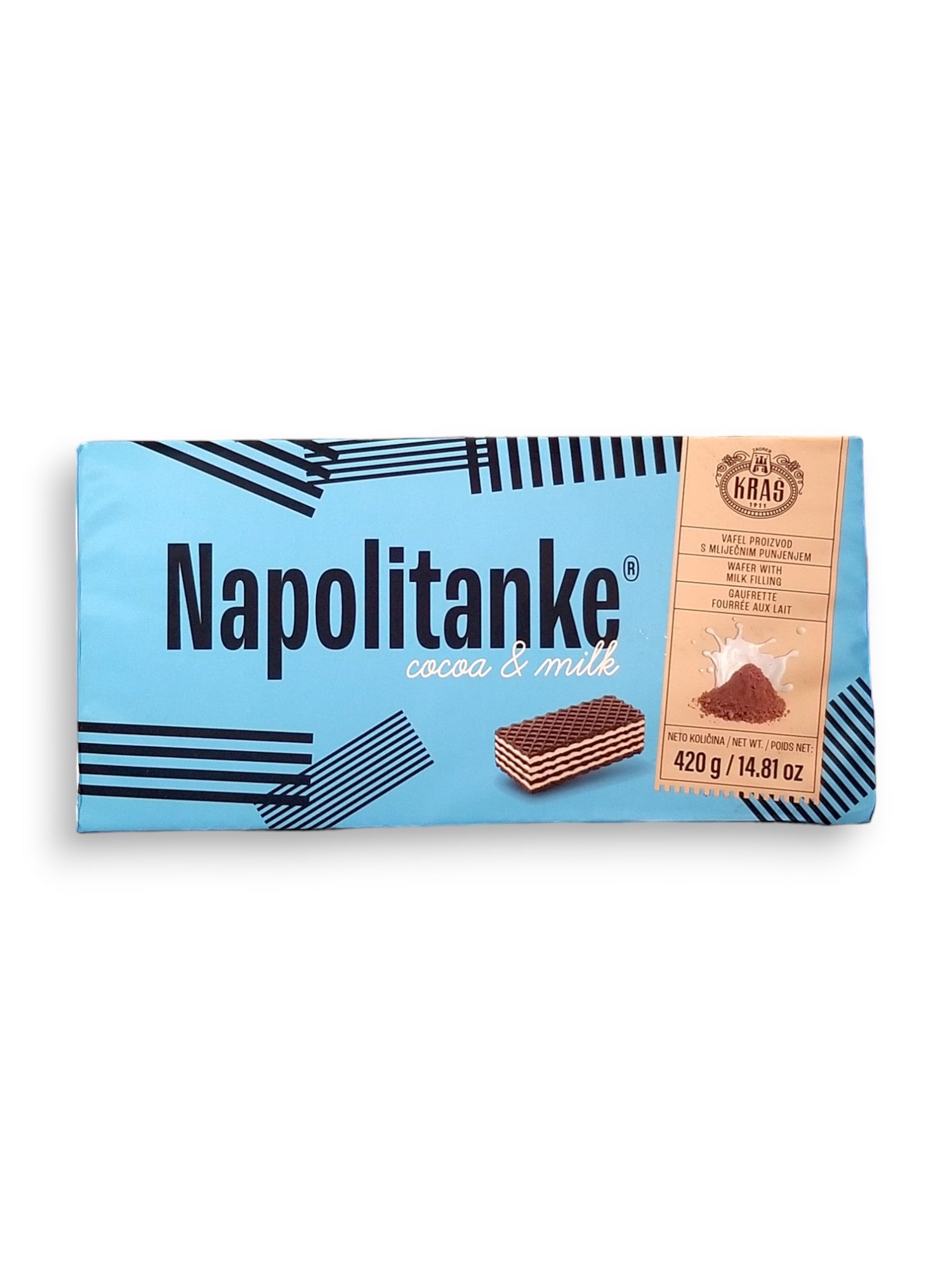 Napolitanke Cocoa & Milk Wafers, 420g, front of package.