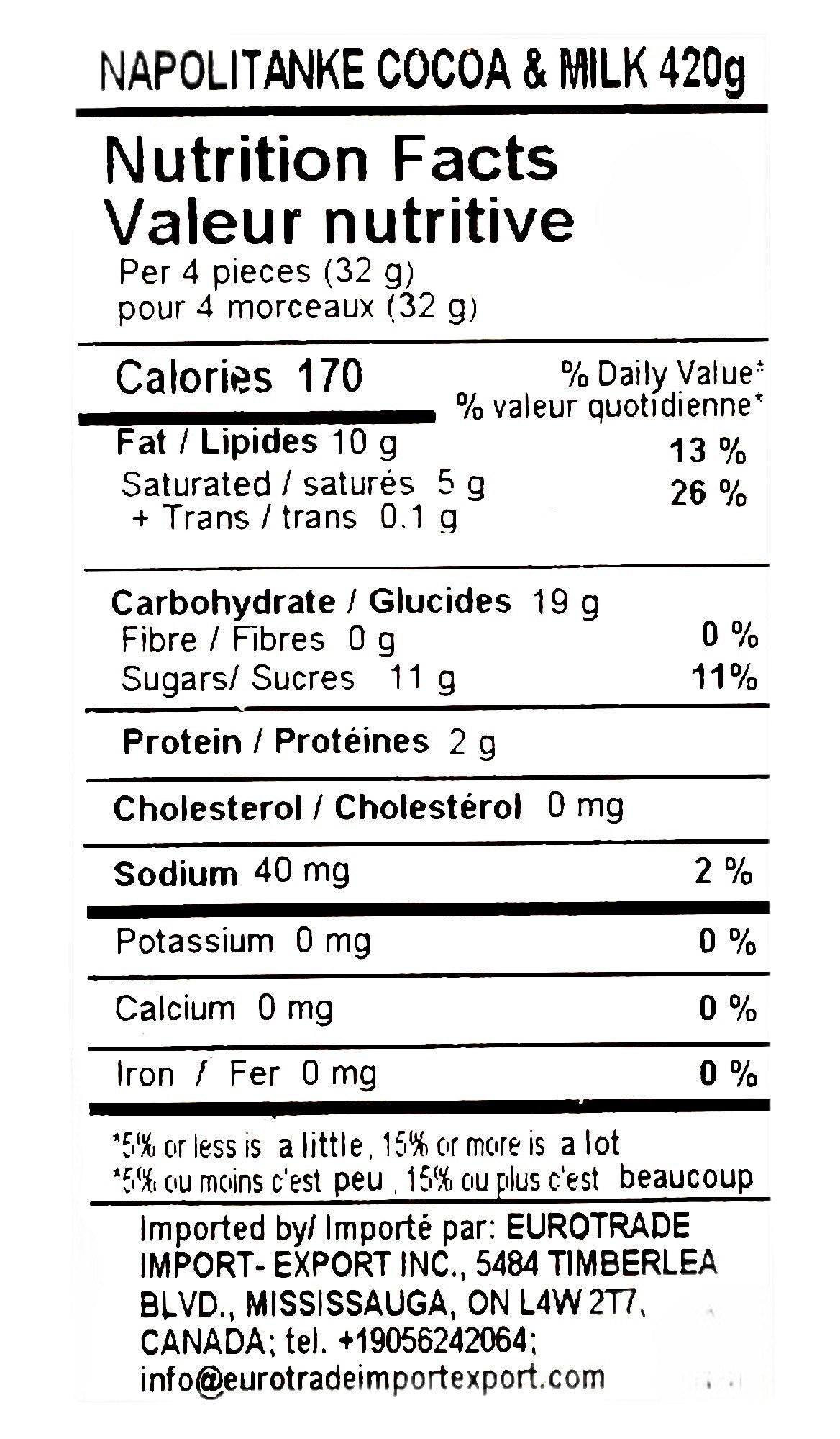 Napolitanke Cocoa & Milk Wafers, 420g, nutrition facts label.